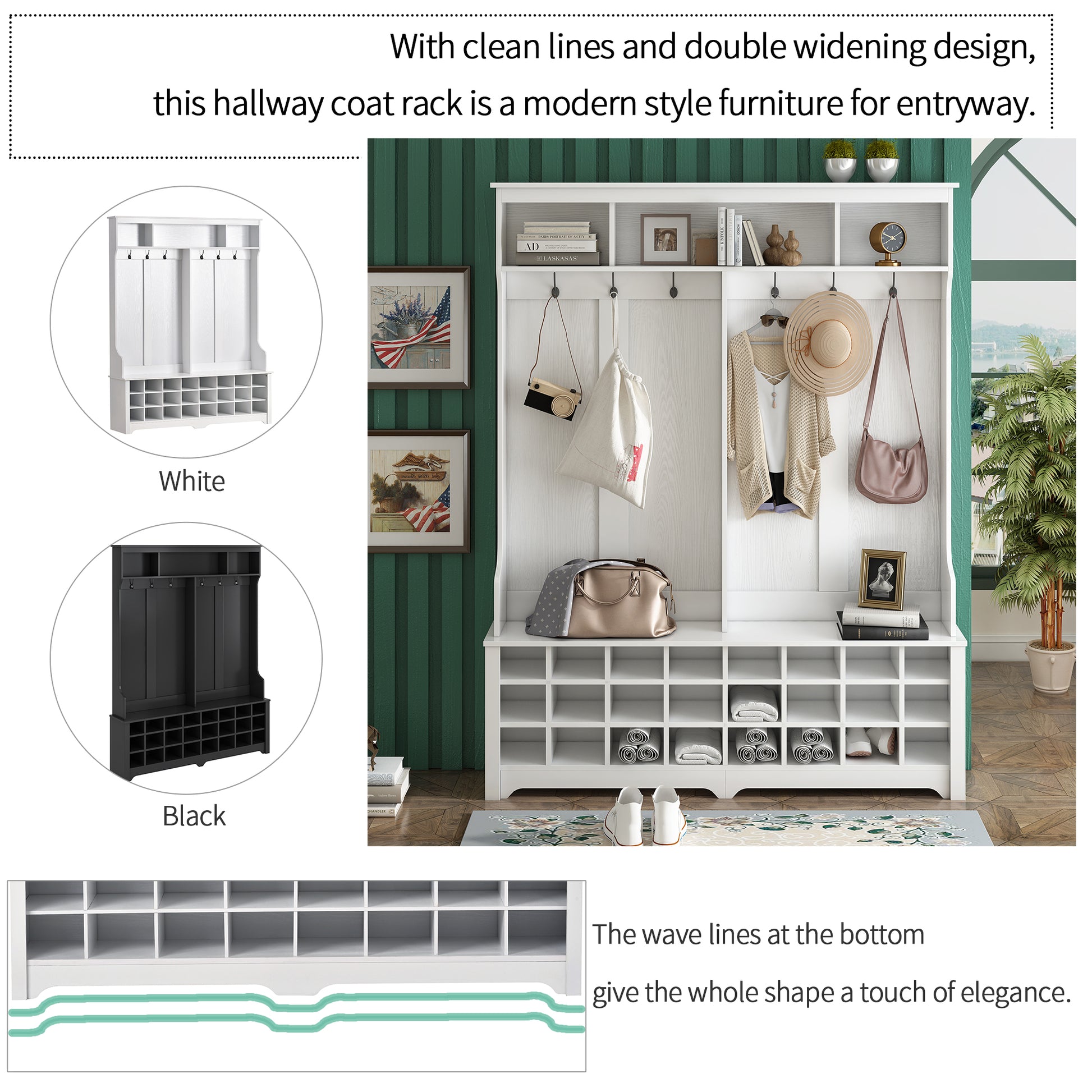 Modern Style Multiple Functions Hallway Coat Rack With Metal Black Hooks, Entryway Bench 60" Wide Hall Tree With Large Storage Space And 24 Shoe Cubbieswhite Old Sku: Wf286983Aak White Mdf