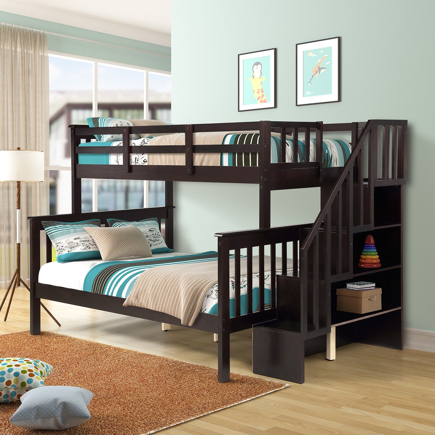 Stairway Twin Over Full Bunk Bed With Storage And Guard Rail For Bedroom, Espresso Color Old Sku :Lp000019Aap Espresso Solid Wood