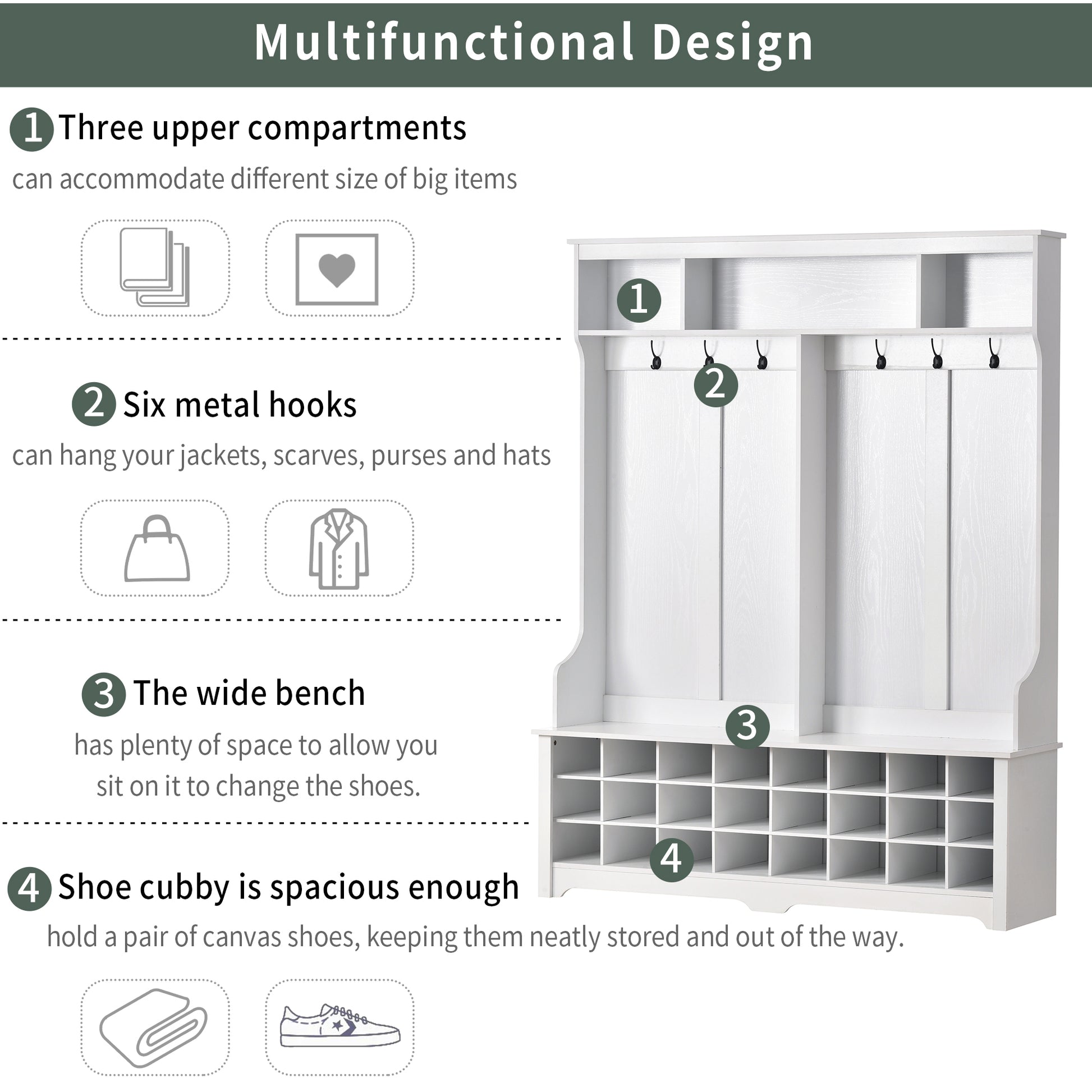 Modern Style Multiple Functions Hallway Coat Rack With Metal Black Hooks, Entryway Bench 60" Wide Hall Tree With Large Storage Space And 24 Shoe Cubbieswhite Old Sku: Wf286983Aak White Mdf