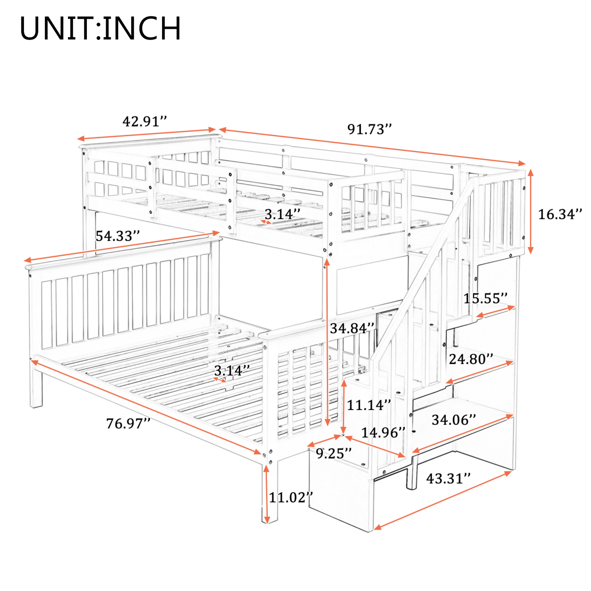 Stairway Twin Over Full Bunk Bed With Storage And Guard Rail For Bedroom, White Color Old Sku :Lp000019Aak White Solid Wood