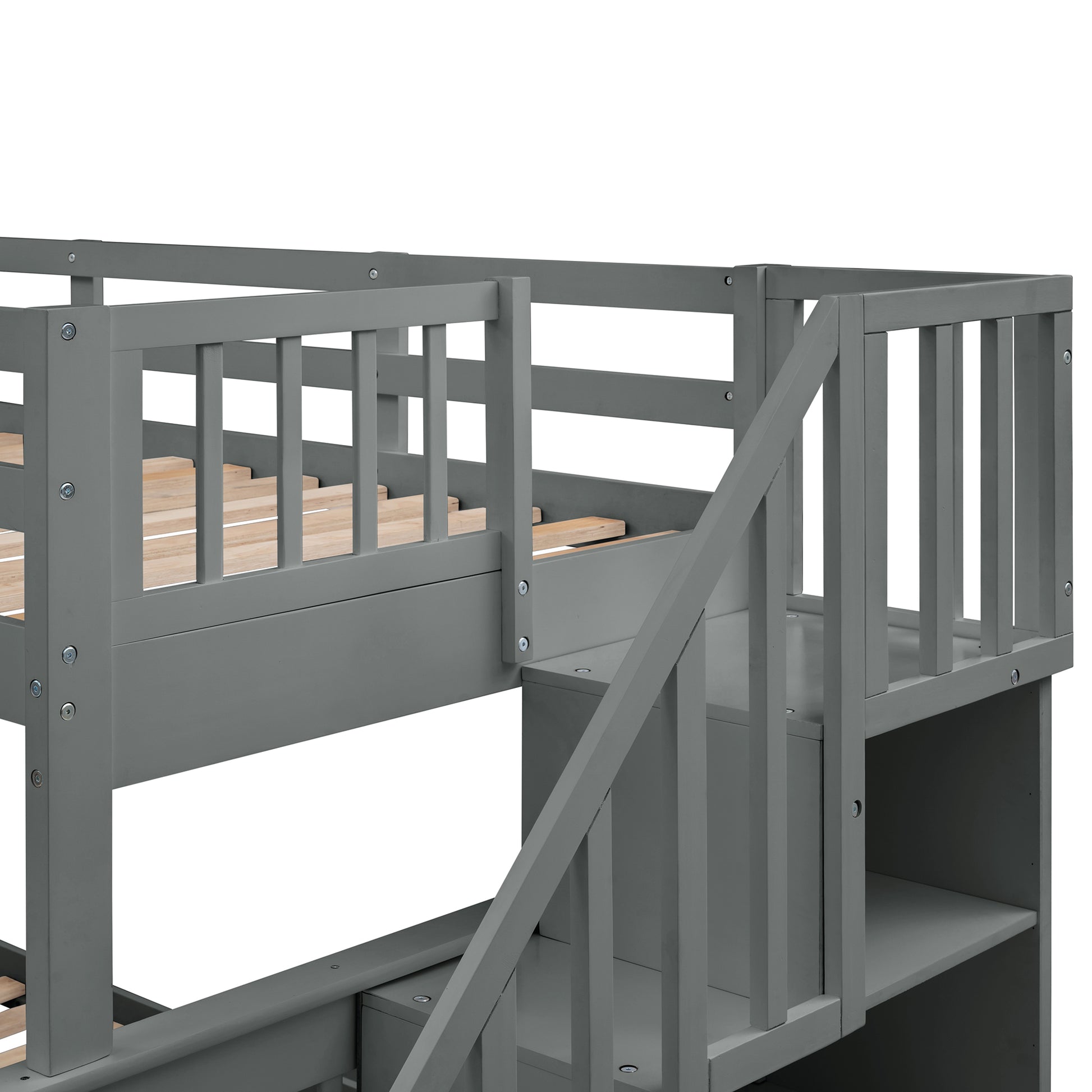 Stairway Twin Over Full Bunk Bed With Storage And Guard Rail For Bedroom, Gray Color Old Sku :Lp000019Aae Gray Solid Wood