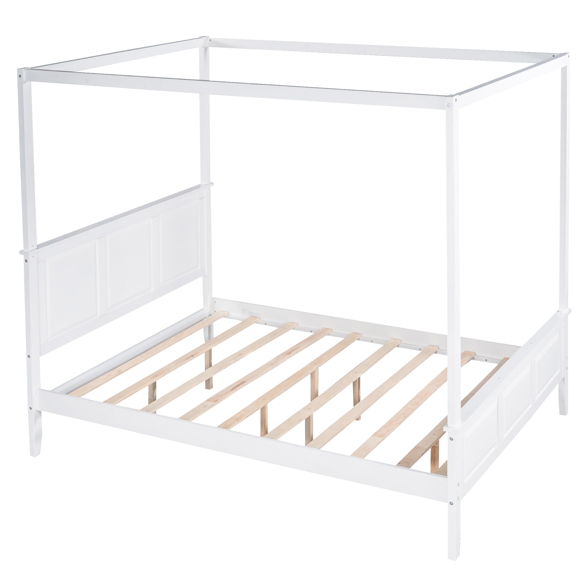 Queen Size Canopy Platform Bed With Headboard And Footboard,Slat Support Leg,White Box Spring Not Required Queen White Wood Canopy Pine