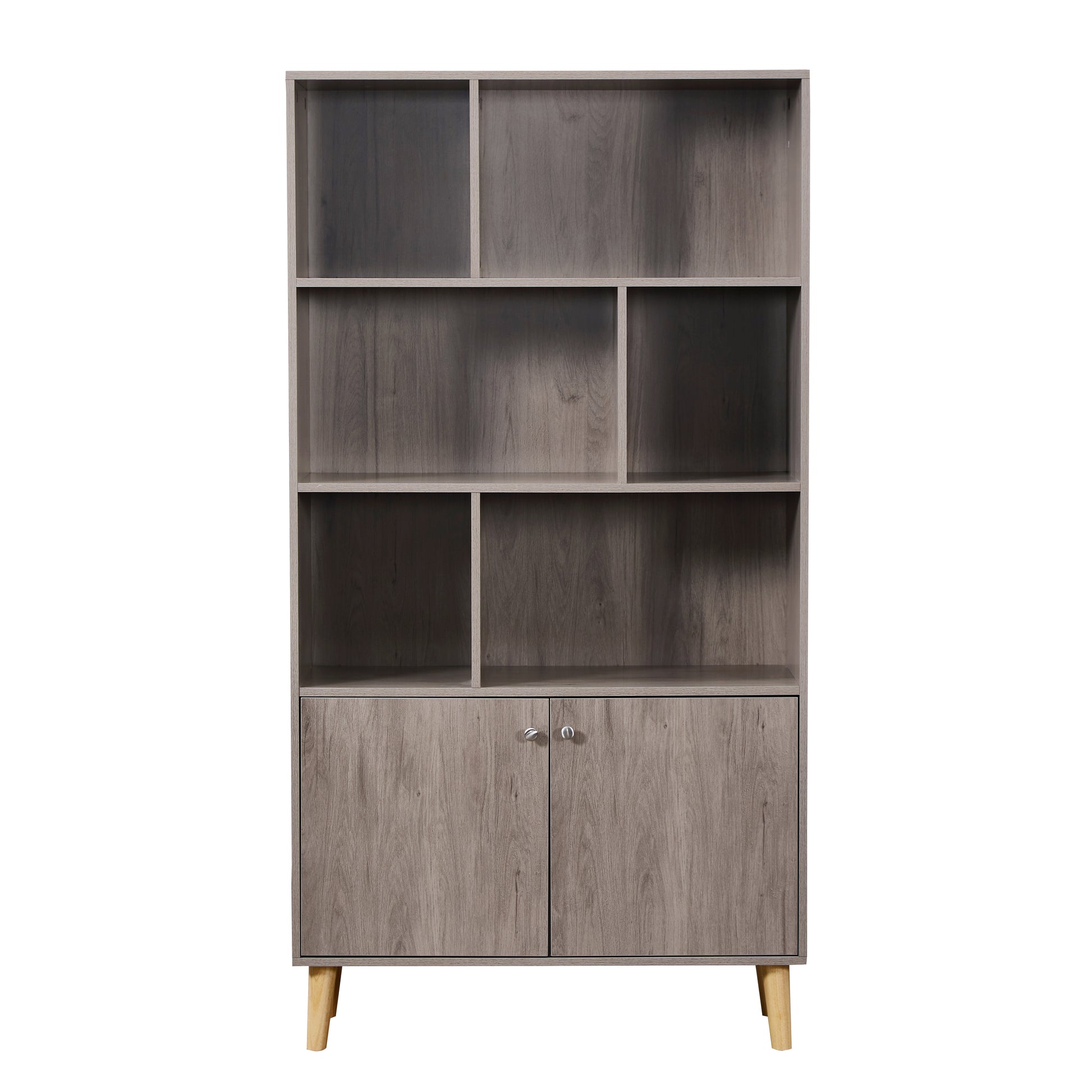 67" Bookcase With Doors, 3 Tier Bookshelf, Gray Oak Oak Mdf