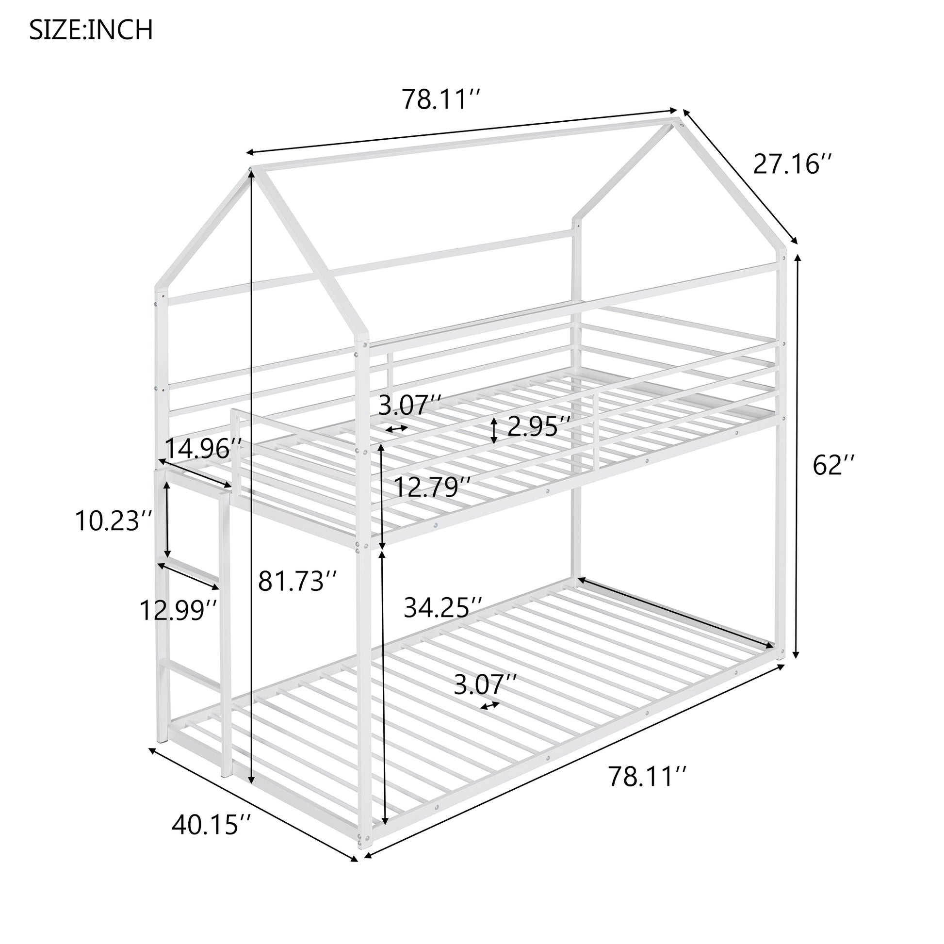 Bunk Beds For Kids Twin Over Twin,House Bunk Bed Metal Bed Frame Built In Ladder,No Box Spring Needed White White Metal