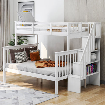 Stairway Twin Over Full Bunk Bed With Storage And Guard Rail For Bedroom, White Color Old Sku :Lp000019Aak White Solid Wood