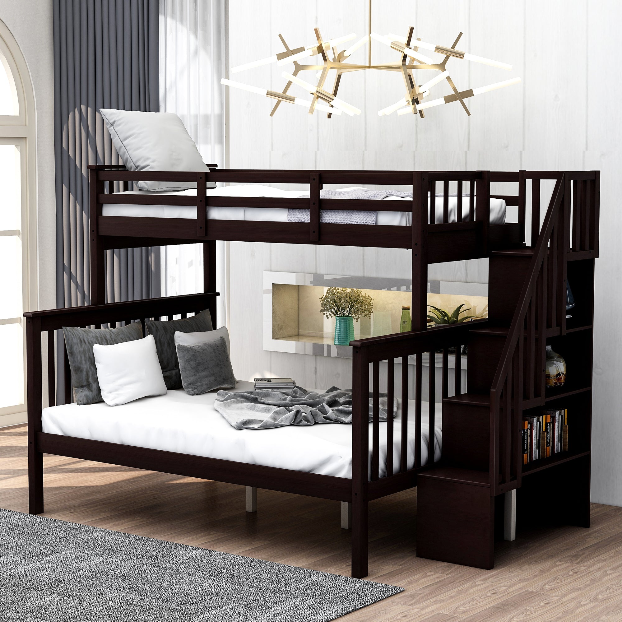 Stairway Twin Over Full Bunk Bed With Storage And Guard Rail For Bedroom, Espresso Color Old Sku :Lp000019Aap Espresso Solid Wood