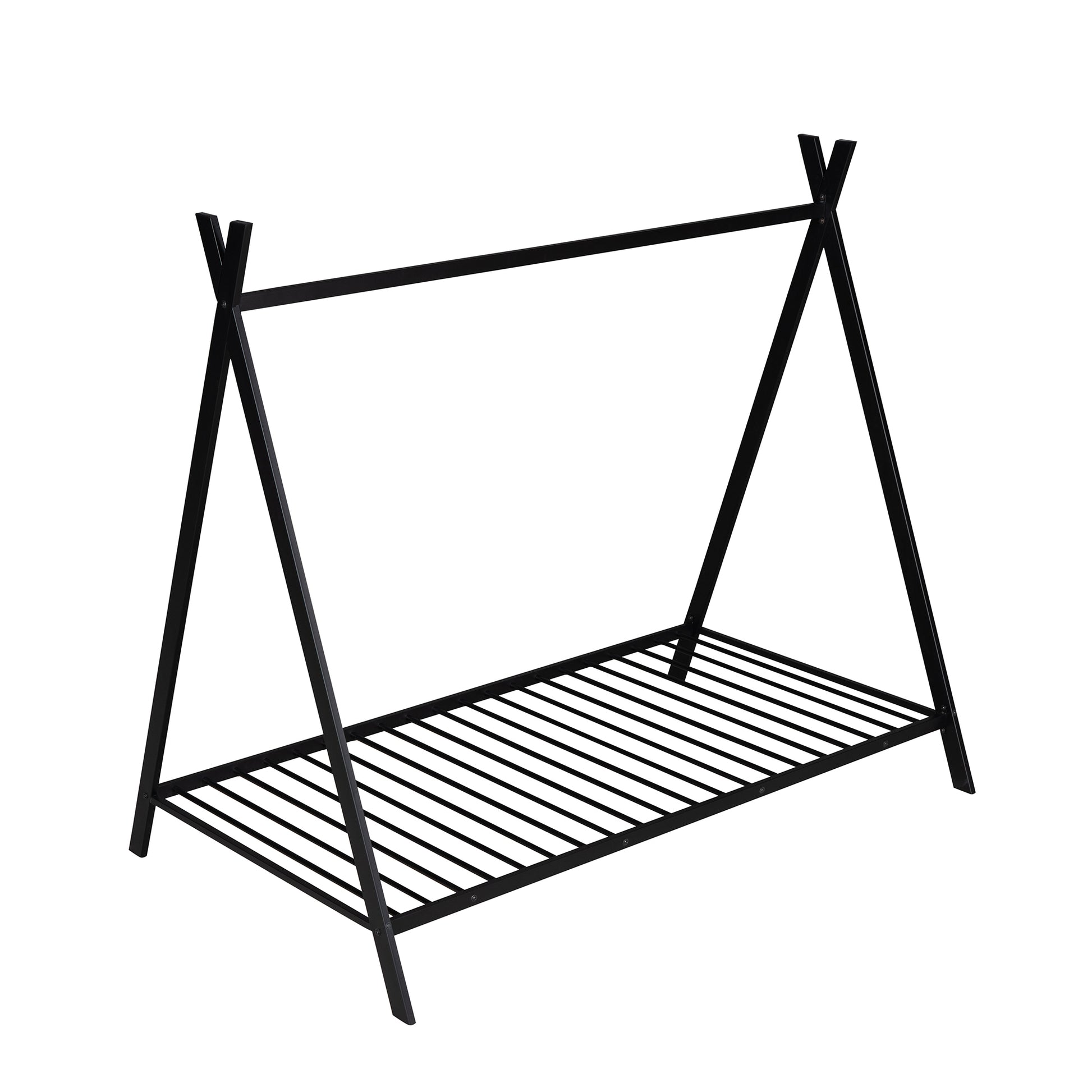 House Bed Tent Bed Frame Twin Size Metal Floor Play House Bed With Slat For Kids Girls Boysno Box Spring Needed Black Black Metal