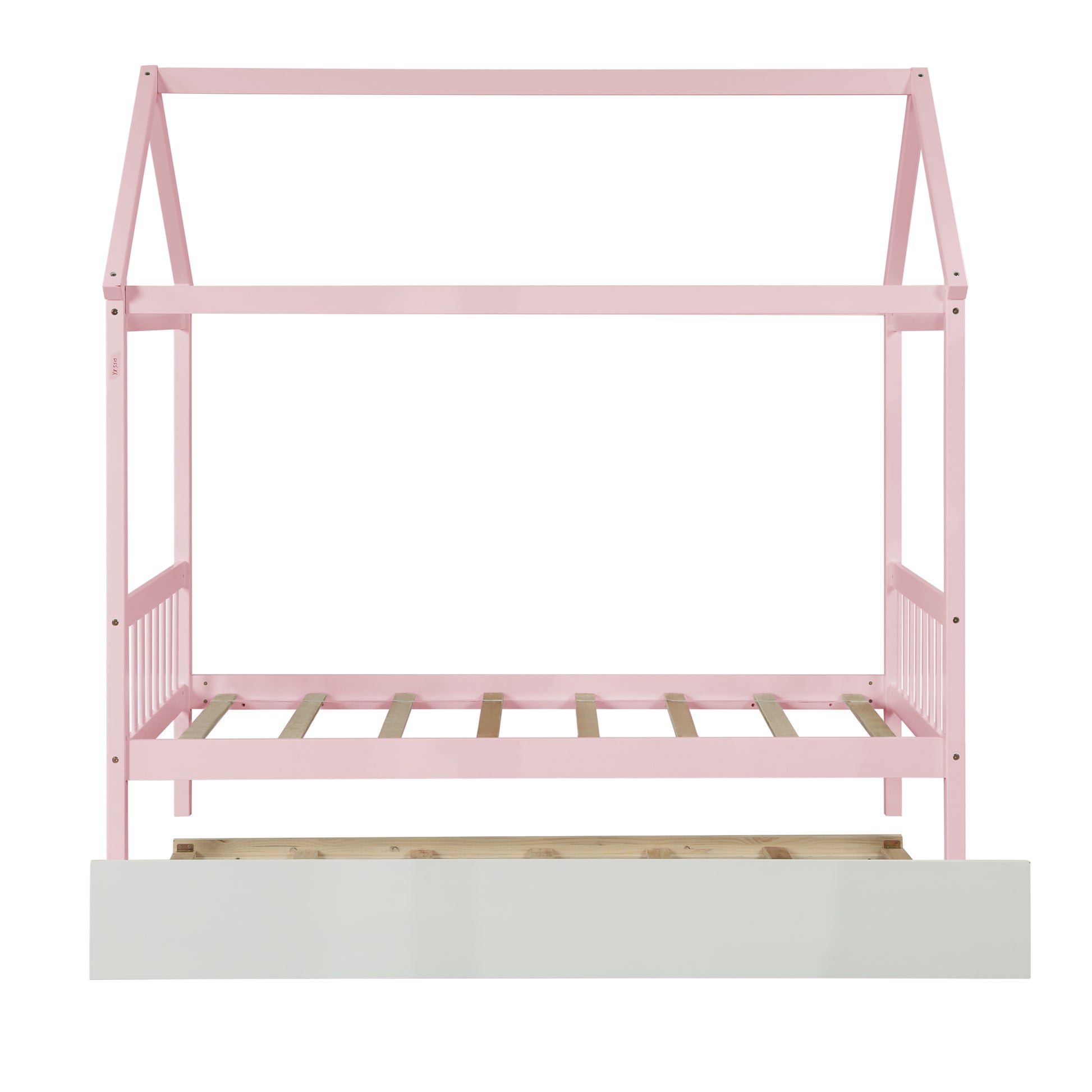 Solid Wood Twin House Bed Frame With Twin Size Trundle For Warm Pink Color, No Box Spring Needed Pink Pine