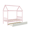 Solid Wood Twin House Bed Frame With Twin Size Trundle For Warm Pink Color, No Box Spring Needed Pink Pine