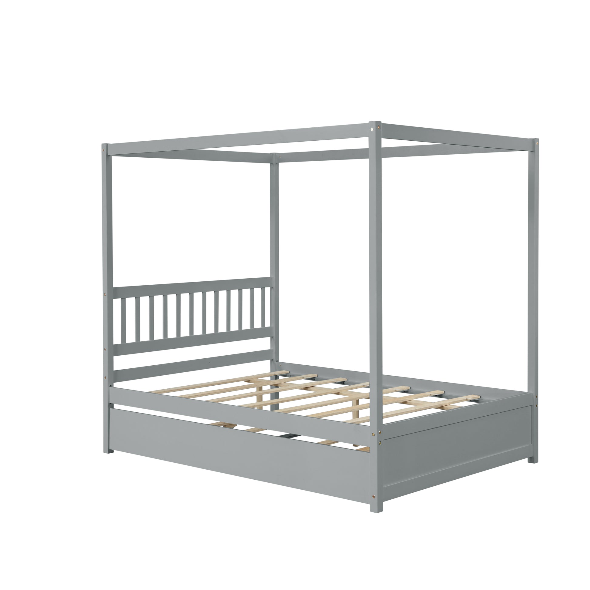 Full Size Canopy Bed With Twin Trundle, Kids Solid Wood Platform Bed Frame W Headboard, No Box Spring Needed Grey Color Grey Pine