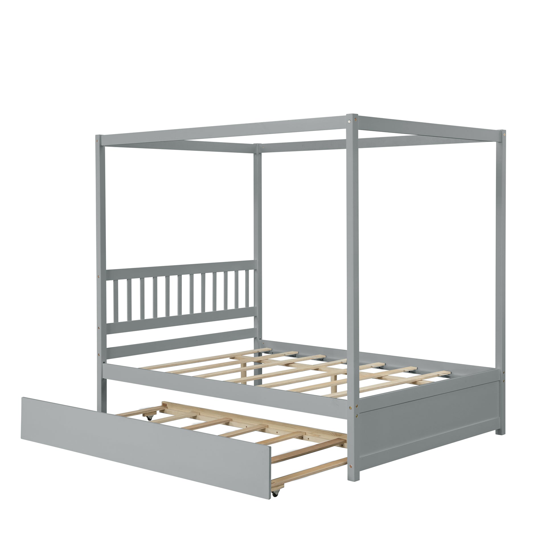 Full Size Canopy Bed With Twin Trundle, Kids Solid Wood Platform Bed Frame W Headboard, No Box Spring Needed Grey Color Grey Pine