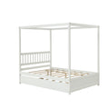 Full Size Canopy Bed With Twin Trundle, Kids Solid Wood Platform Bed Frame W Headboard, No Box Spring Needed White Color White Pine