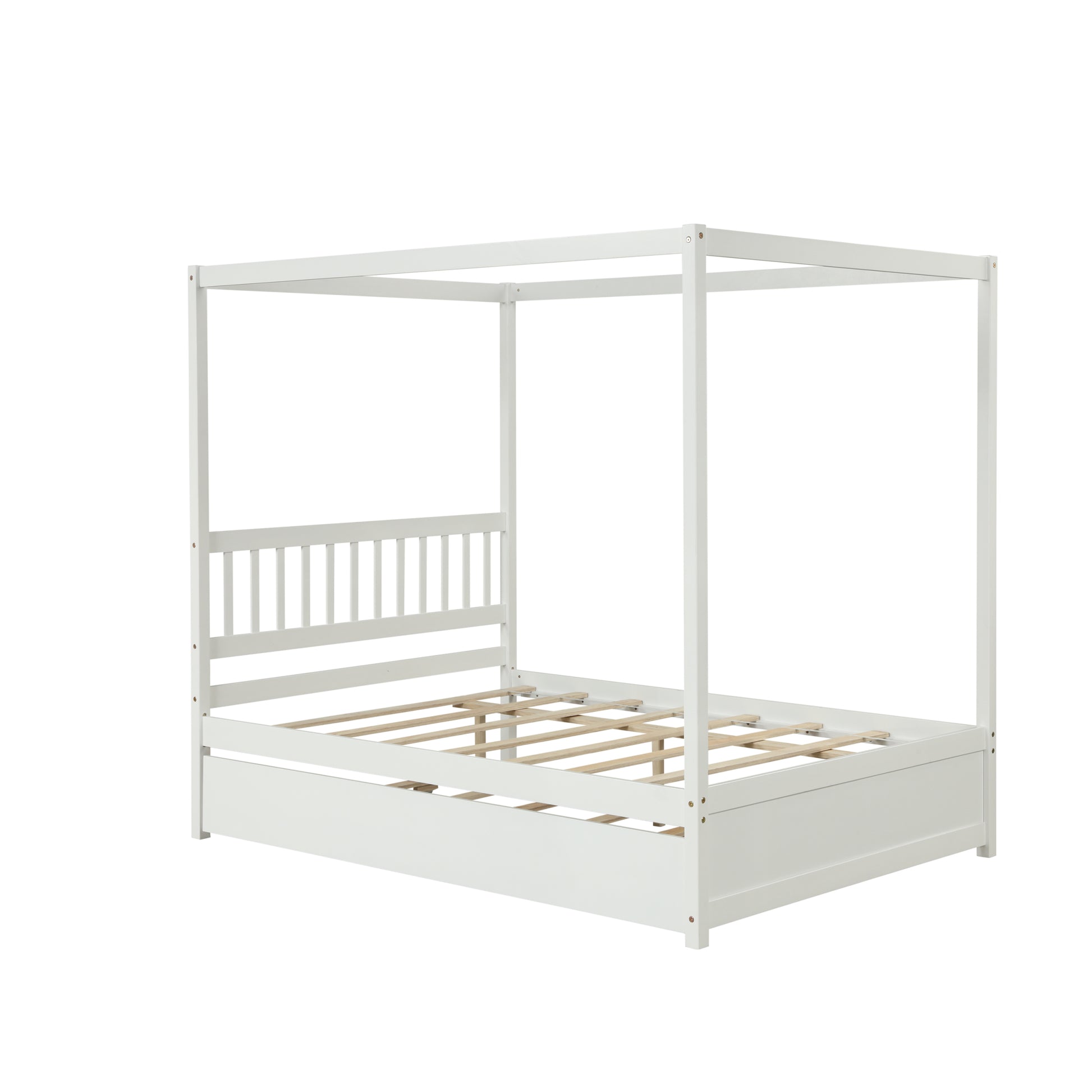 Full Size Canopy Bed With Twin Trundle, Kids Solid Wood Platform Bed Frame W Headboard, No Box Spring Needed White Color White Pine