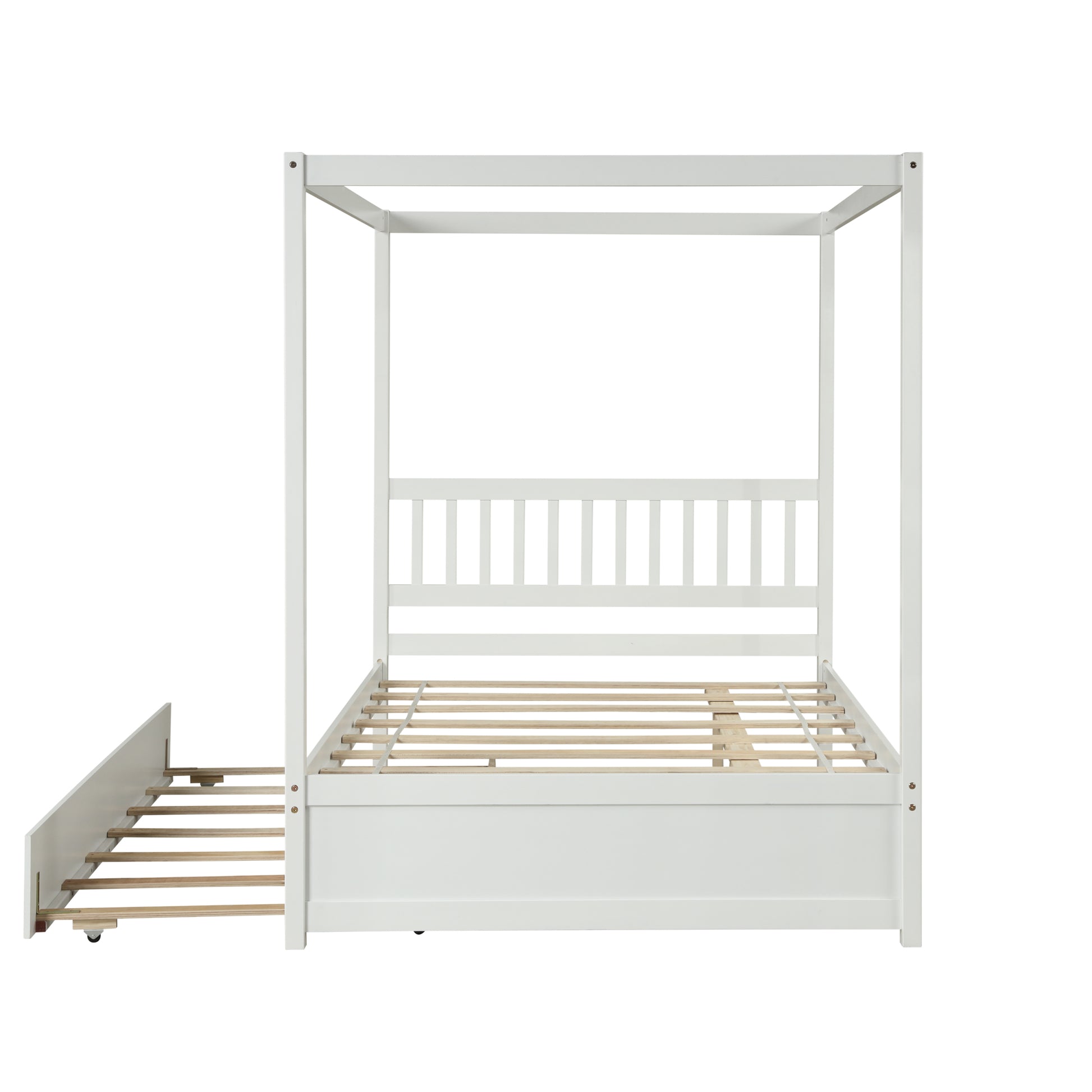 Full Size Canopy Bed With Twin Trundle, Kids Solid Wood Platform Bed Frame W Headboard, No Box Spring Needed White Color White Pine