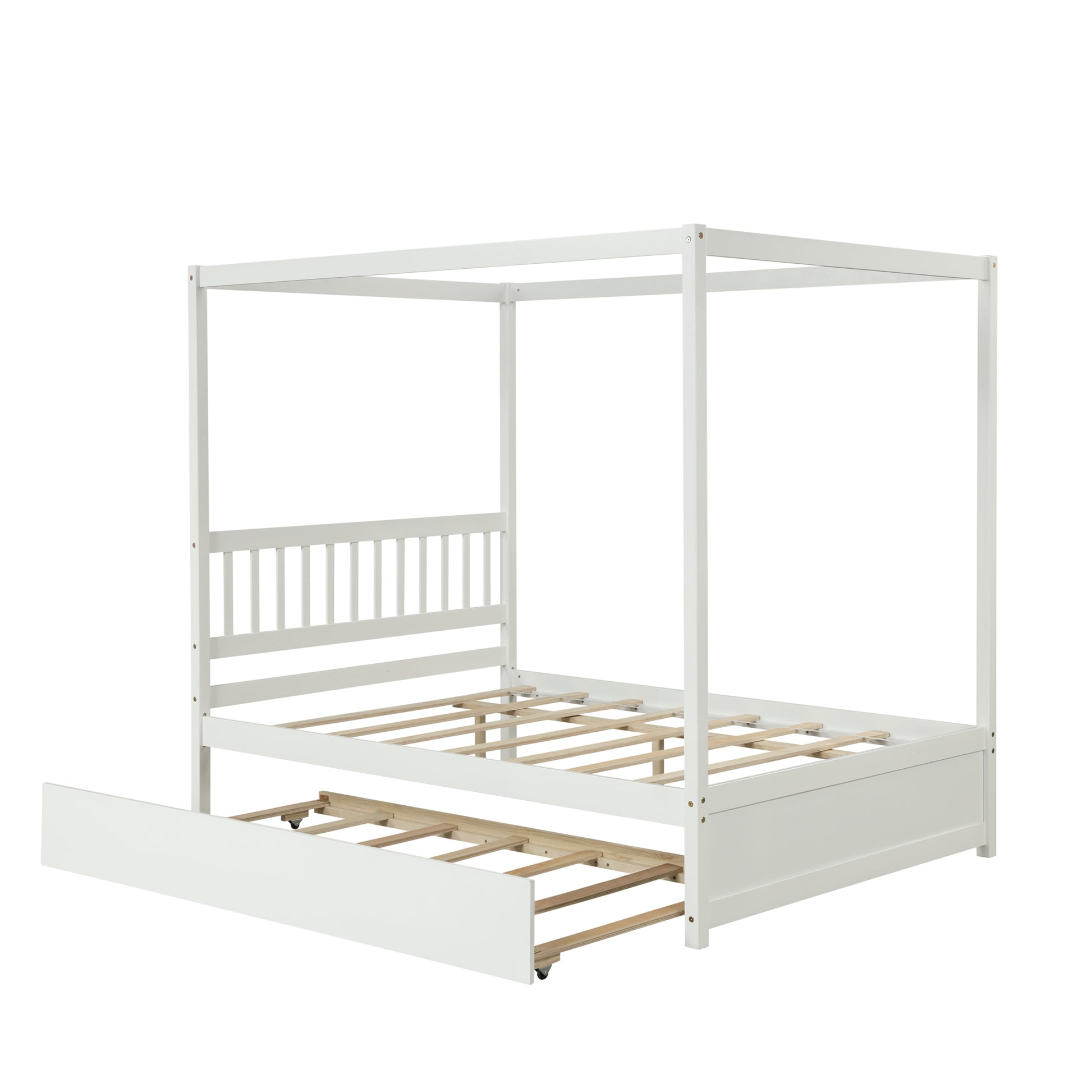 Full Size Canopy Bed With Twin Trundle, Kids Solid Wood Platform Bed Frame W Headboard, No Box Spring Needed White Color White Pine