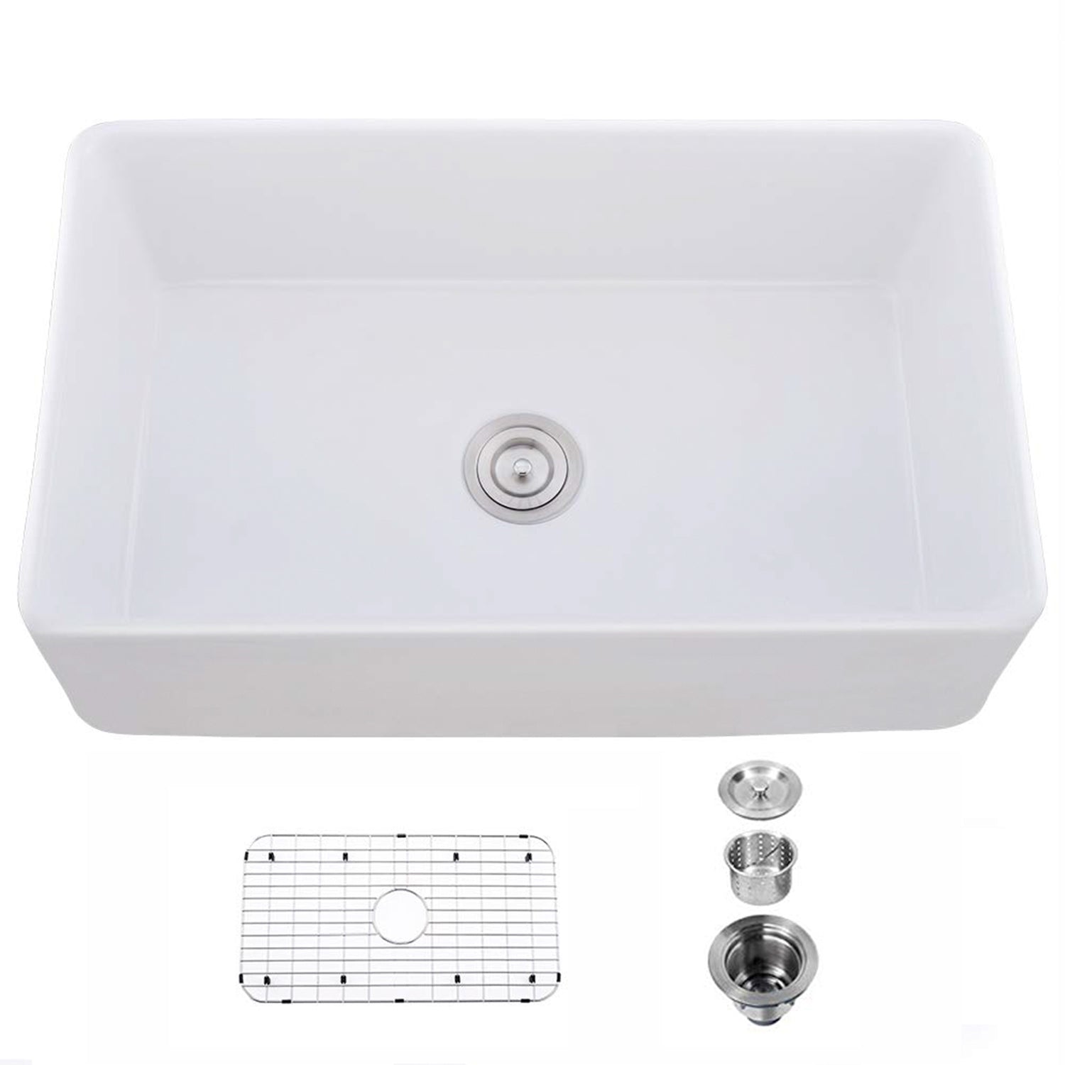 33" L X 20" W Single Basin Ceramic Farmhouse Kitchen Sink With Basket Strainer White Ceramic