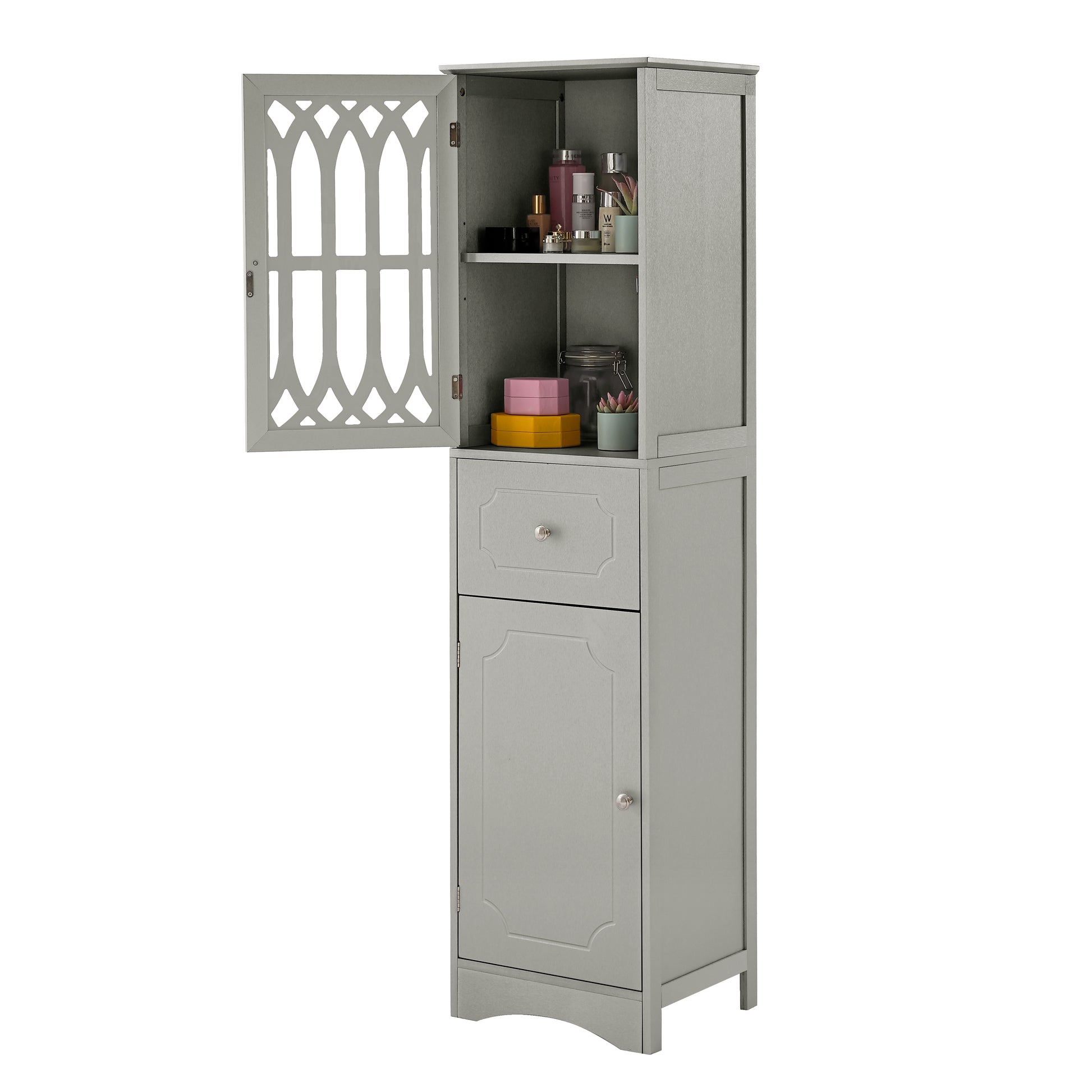 Tall Bathroom Cabinet, Freestanding Storage Cabinet With Drawer And Doors, Mdf Board, Acrylic Door, Adjustable Shelf, Grey Grey Mdf