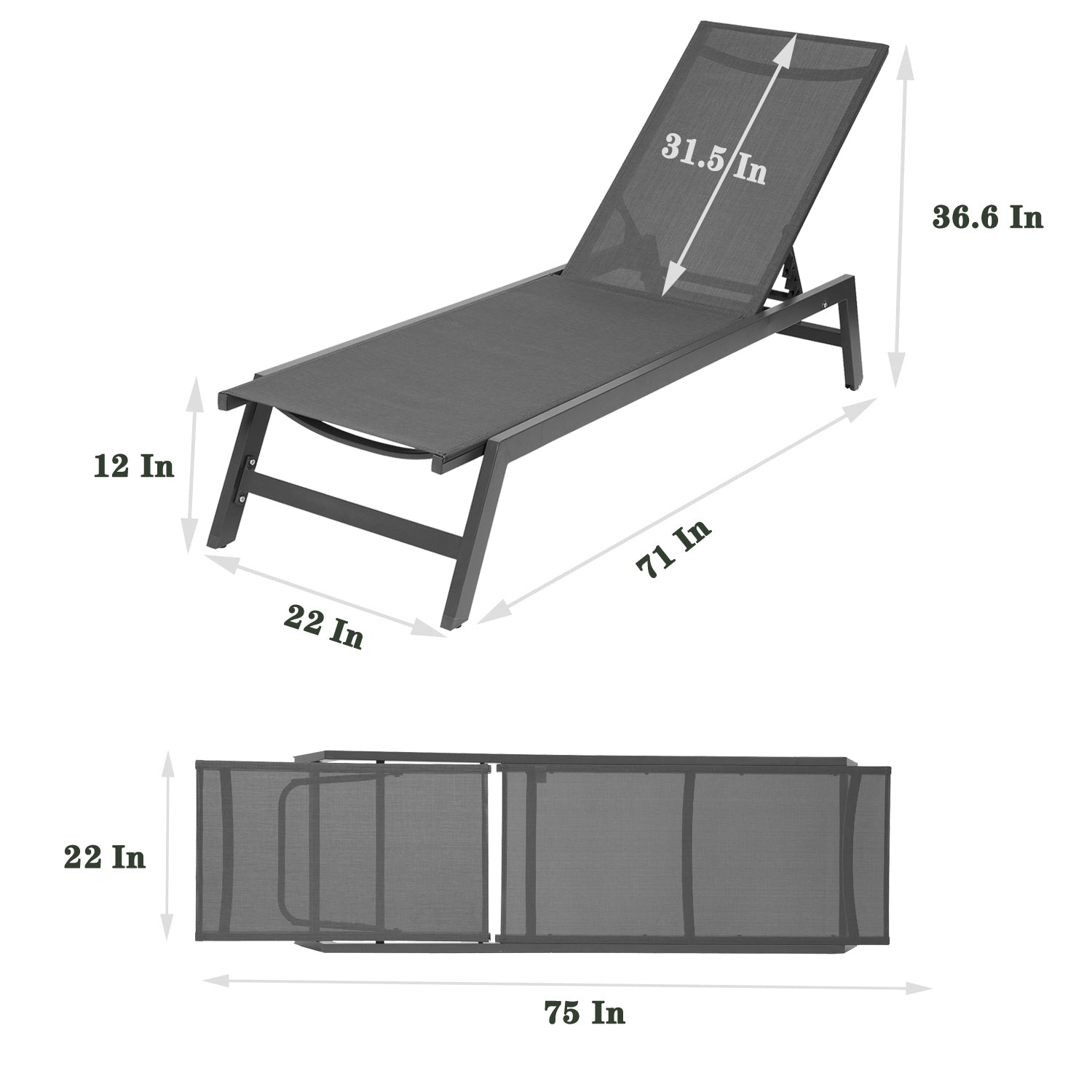 Outdoor 2 Pcs Set Chaise Lounge Chairs,Five Position Adjustable Aluminum Recliner,All Weather For Patio,Beach,Yard, Pool Grey Frame Dark Grey Fabric Gray Metal