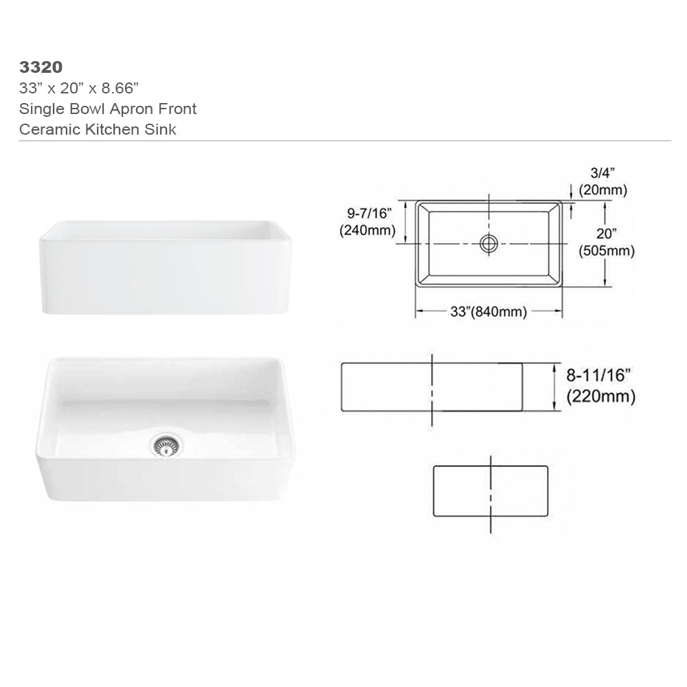 33" L X 20" W Single Basin Ceramic Farmhouse Kitchen Sink With Basket Strainer White Ceramic