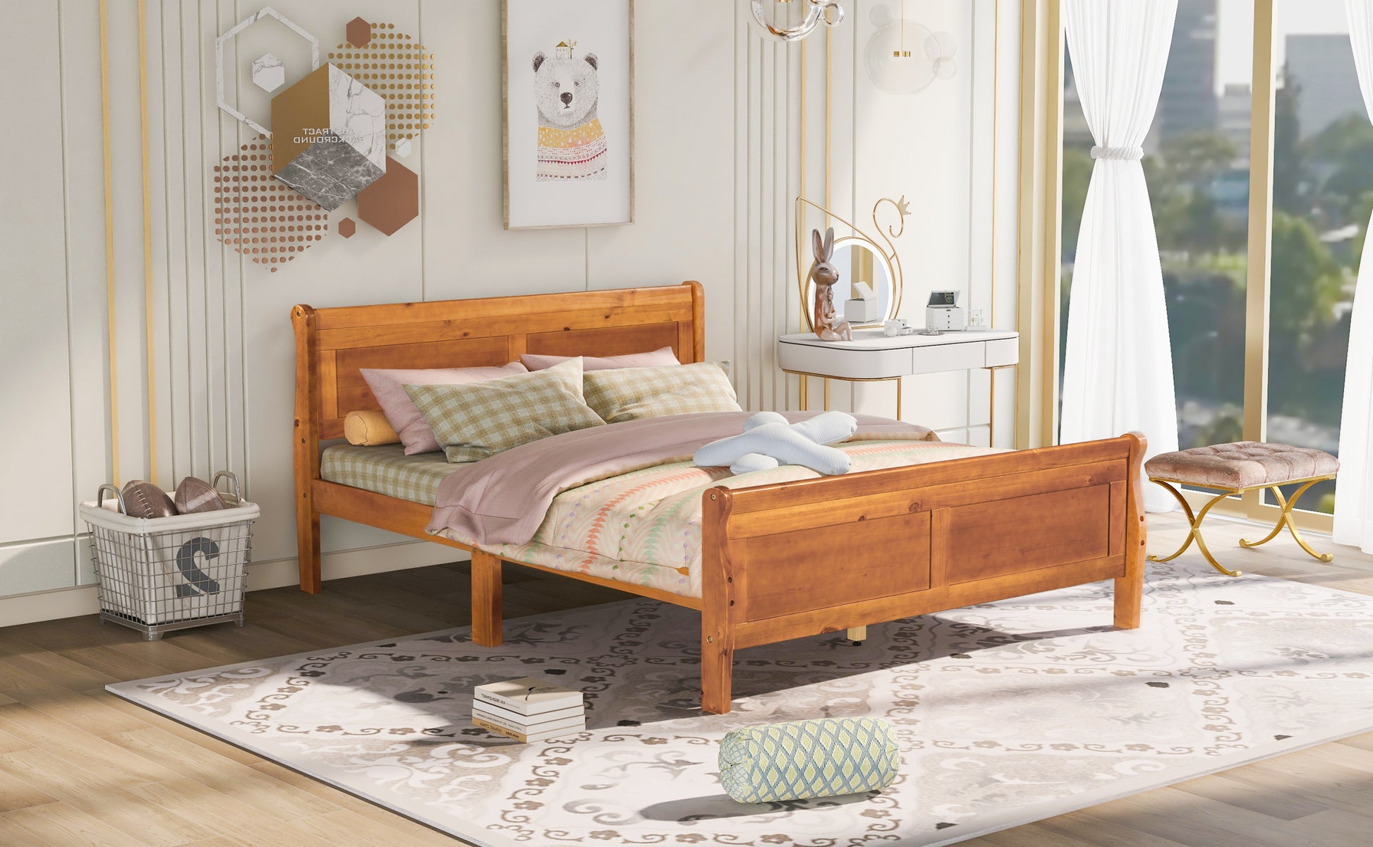 Queen Size Wood Platform Bed With Headboard And Wooden Slat Support Oak Oak Solid Wood