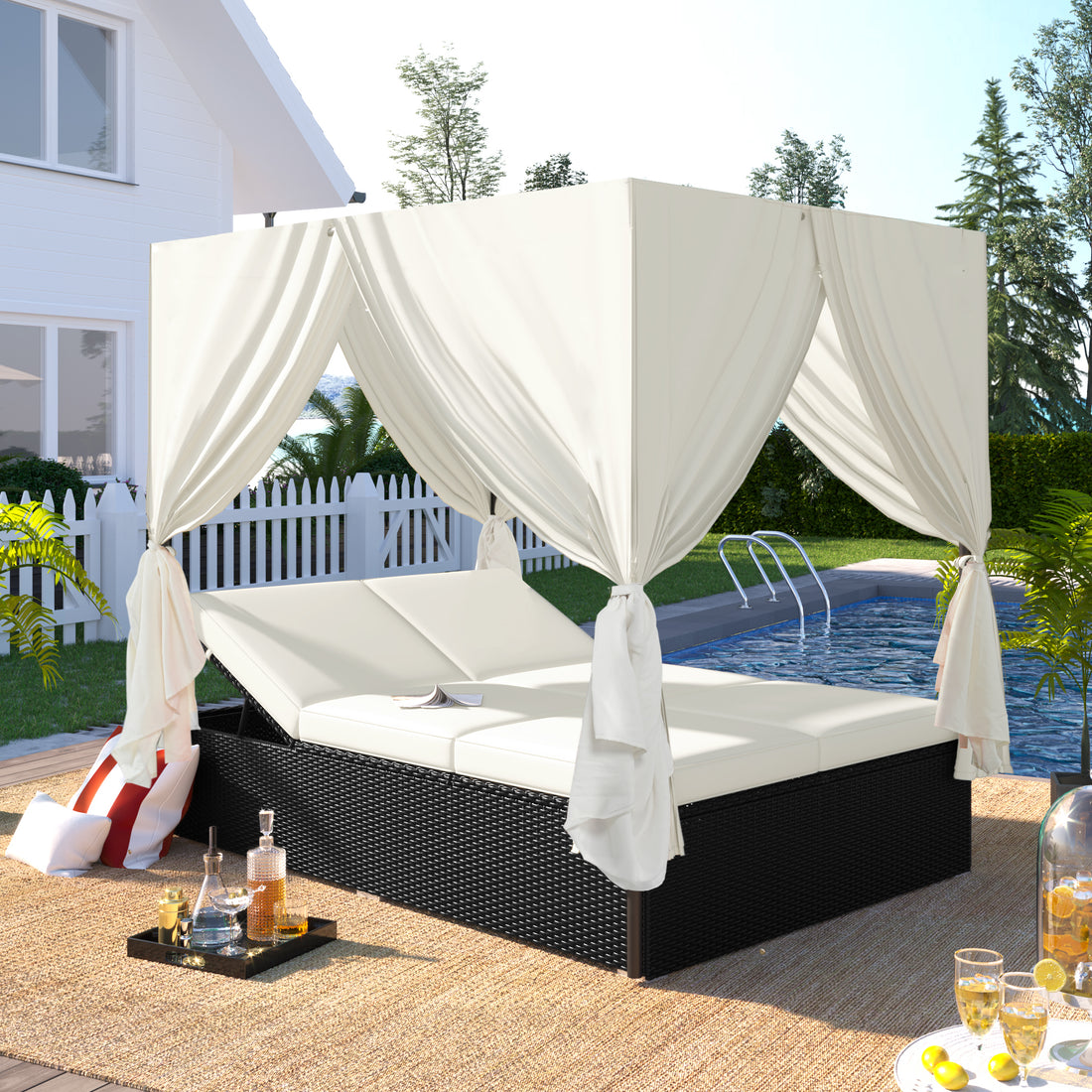 Outdoor Patio Wicker Sunbed Daybed With Cushions, Adjustable Seats Beige Rattan