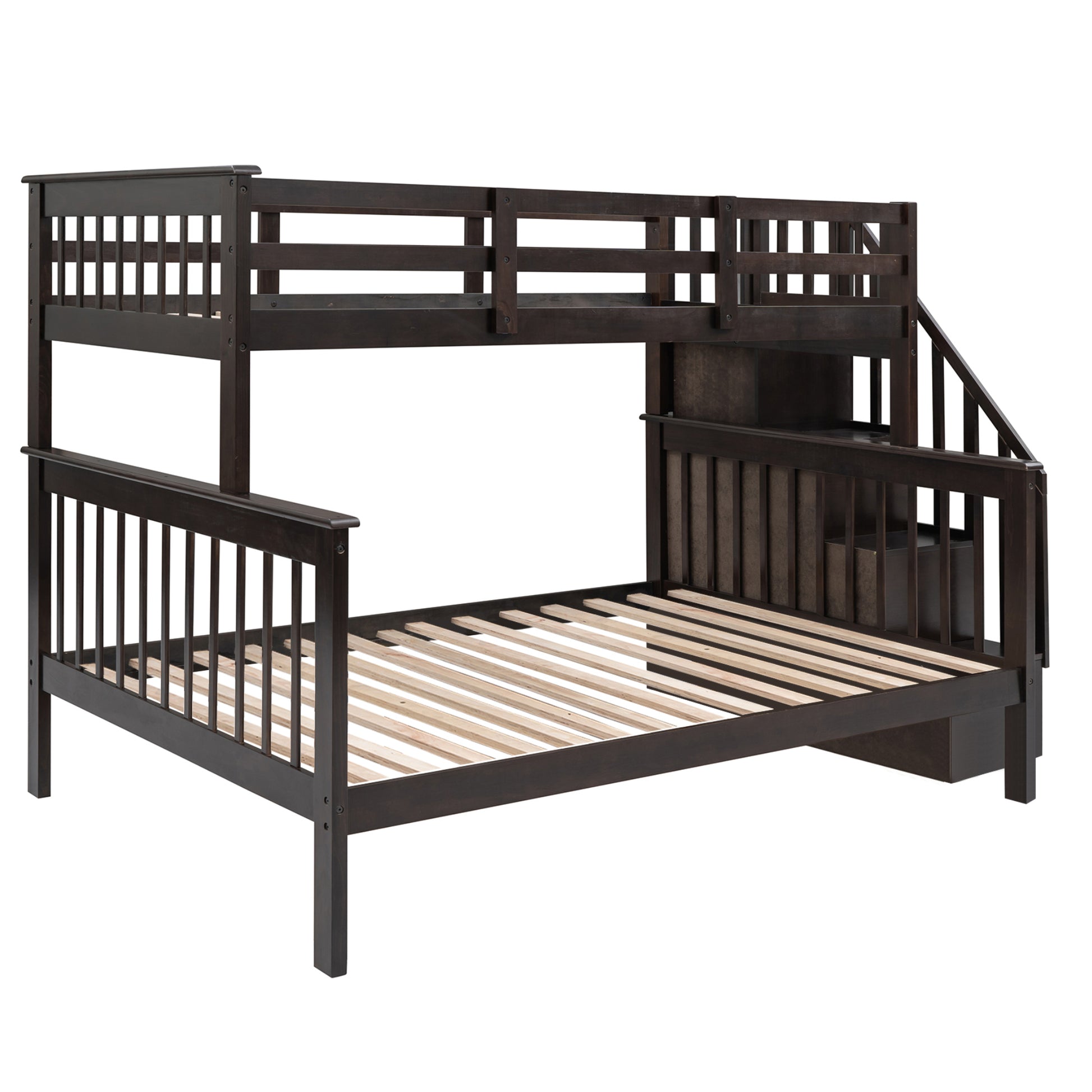 Stairway Twin Over Full Bunk Bed With Storage And Guard Rail For Bedroom, Espresso Color Old Sku :Lp000019Aap Espresso Solid Wood