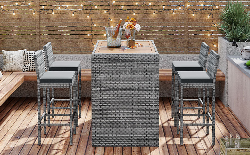 5 Pieces Outdoor Patio Wicker Bar Set, Bar Height Chairs With Non Slip Feet And Fixed Rope, Removable Cushion, Acacia Wood Table Top, Brown Wood And Gray Wicker Yes Gray Wicker