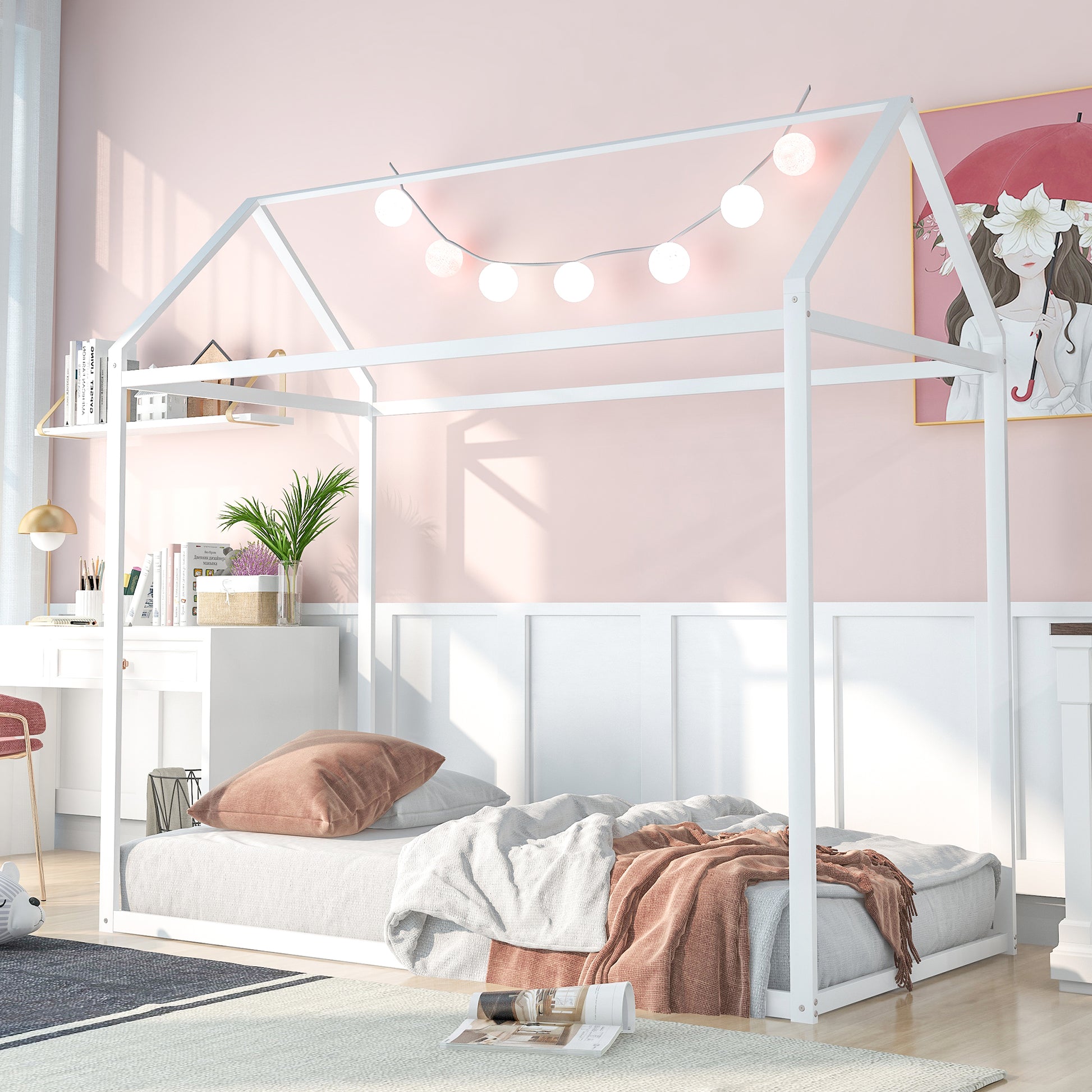 House Bed Frame Twin Sizekids Bed Frame Metal Platform Bed Floor Bed For Kids Boys Girls No Box Spring Needed White White Metal