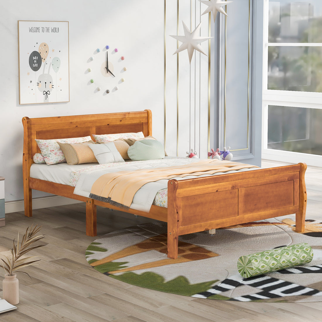 Full Size Wood Platform Bed With Headboard And Wooden Slat Support Oak Oak Solid Wood