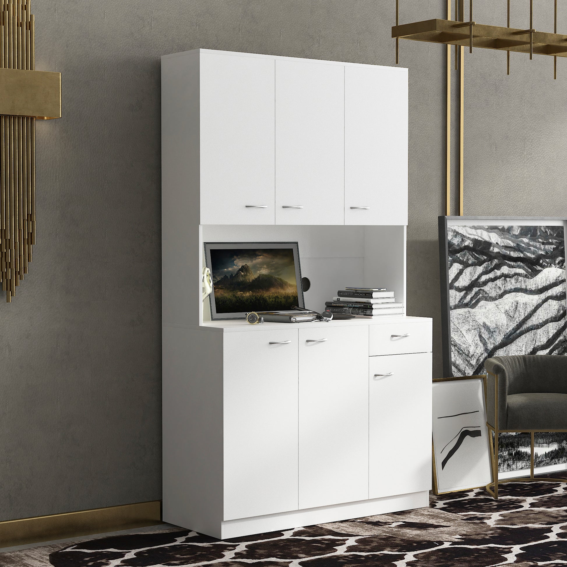 70.87" Tall Wardrobe& Kitchen Cabinet, With 6 Doors, 1 Open Shelves And 1 Drawer For Bedroom,White White Mdf