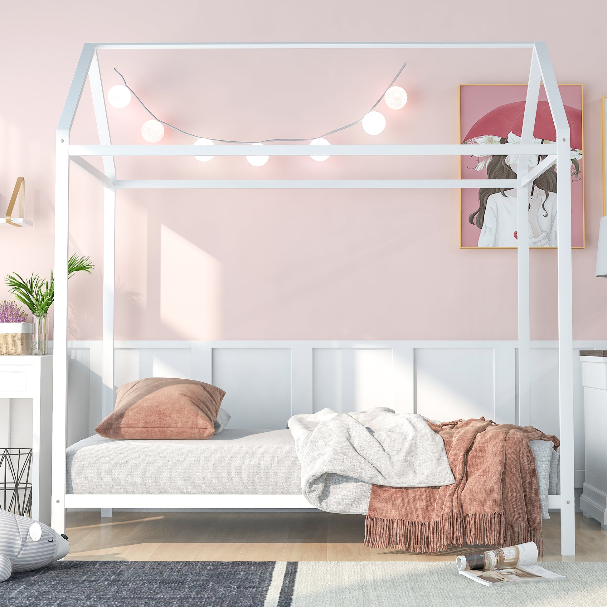 House Bed Frame Twin Sizekids Bed Frame Metal Platform Bed Floor Bed For Kids Boys Girls No Box Spring Needed White White Metal