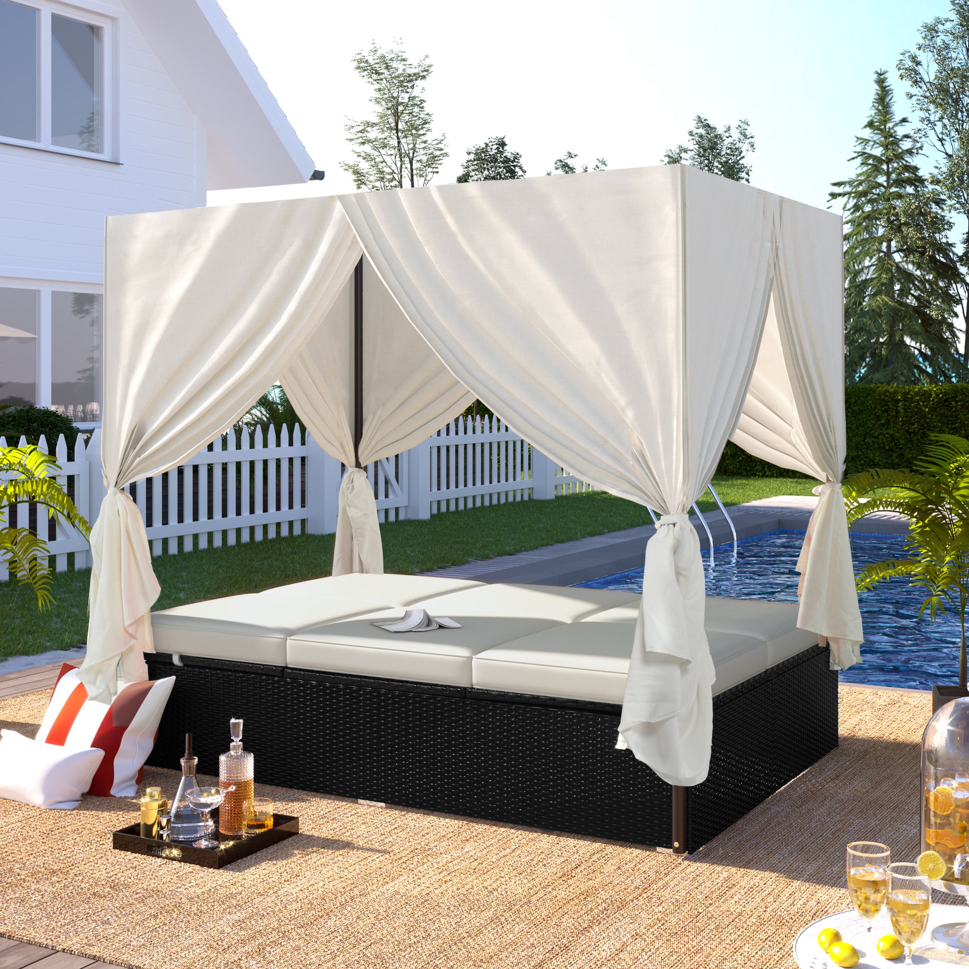 Outdoor Patio Wicker Sunbed Daybed With Cushions, Adjustable Seats Beige Rattan