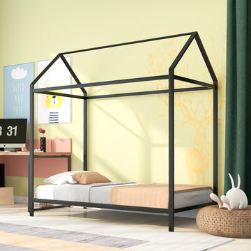 House Bed Frame Twin Sizekids Bed Frame Metal Platform Bed Floor Bed For Kids Boys Girls No Box Spring Needed Black Black Metal