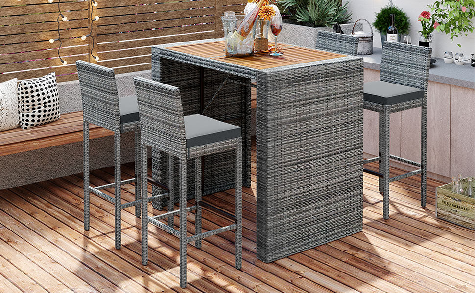 5 Pieces Outdoor Patio Wicker Bar Set, Bar Height Chairs With Non Slip Feet And Fixed Rope, Removable Cushion, Acacia Wood Table Top, Brown Wood And Gray Wicker Yes Gray Wicker