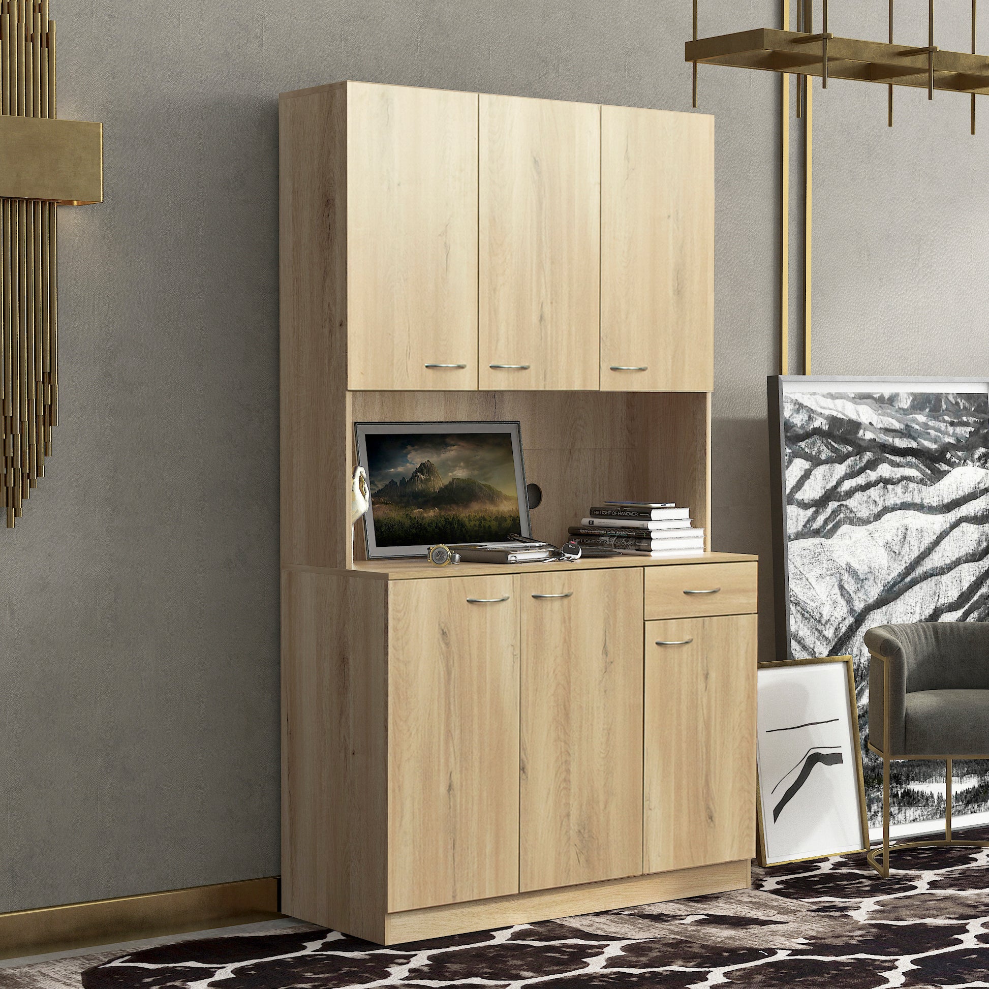 70.87" Tall Wardrobe& Kitchen Cabinet, With 6 Doors, 1 Open Shelves And 1 Drawer For Bedroom,Rustic Oak Oak Mdf