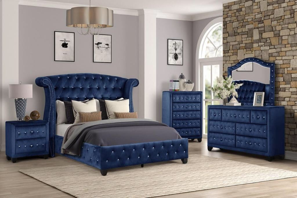 Sophia Modern Style Crystal Tufted Queen Velvet Fabric Upholstery Bed Made With Wood In Blue Box Spring Not Required Queen Blue Wood Bedroom Contemporary,Modern Acacia Slat Beds Upholstered Velvet Wood