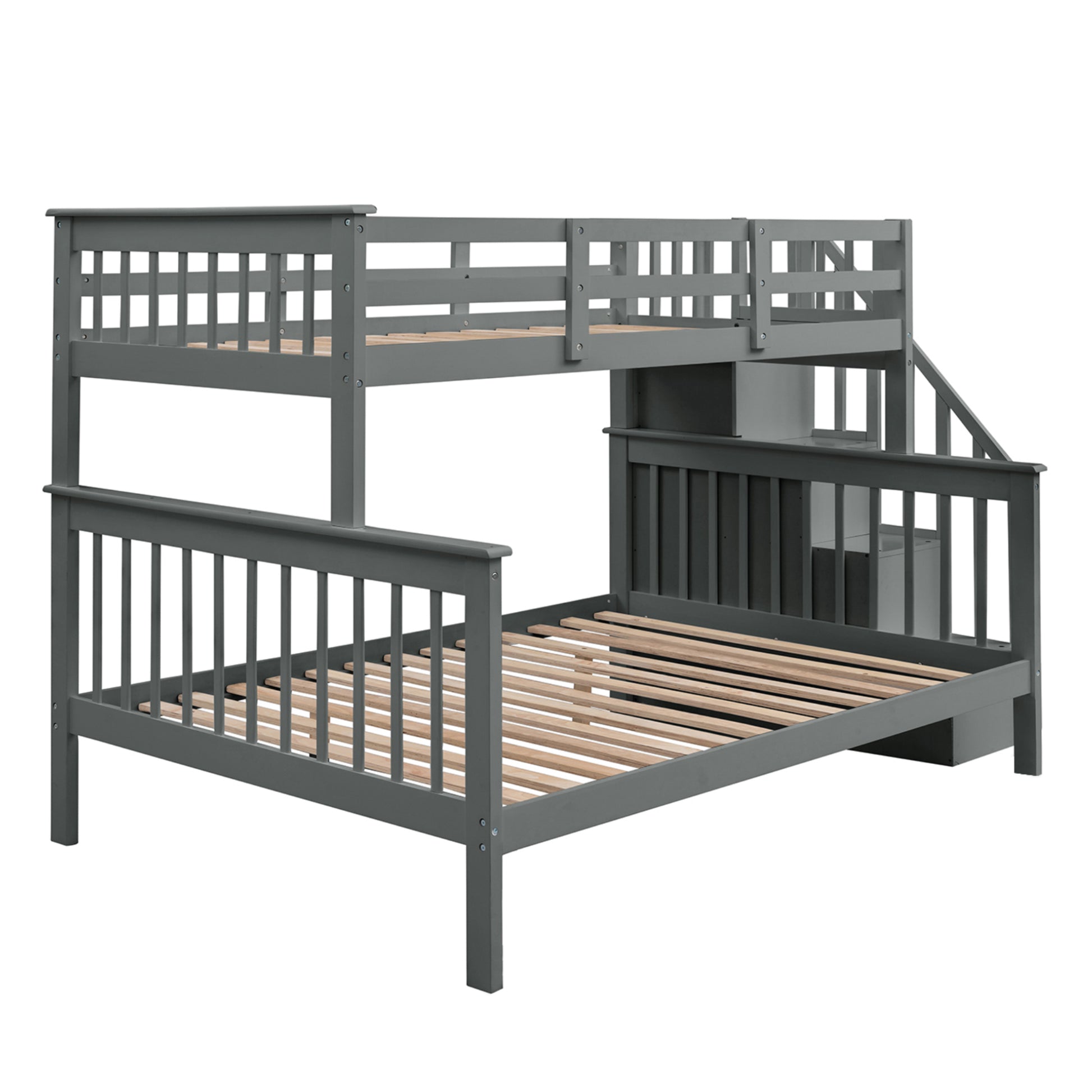 Stairway Twin Over Full Bunk Bed With Storage And Guard Rail For Bedroom, Gray Color Old Sku :Lp000019Aae Gray Solid Wood