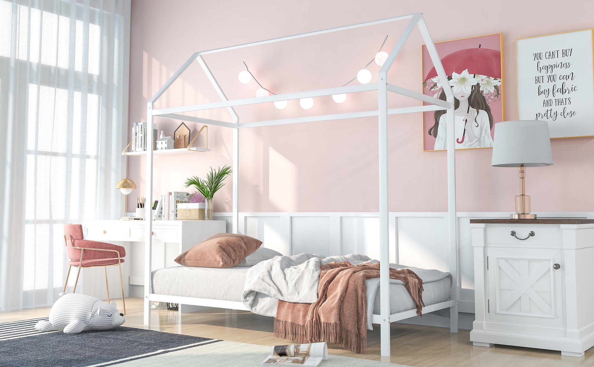 House Bed Frame Twin Sizekids Bed Frame Metal Platform Bed Floor Bed For Kids Boys Girls No Box Spring Needed White White Metal