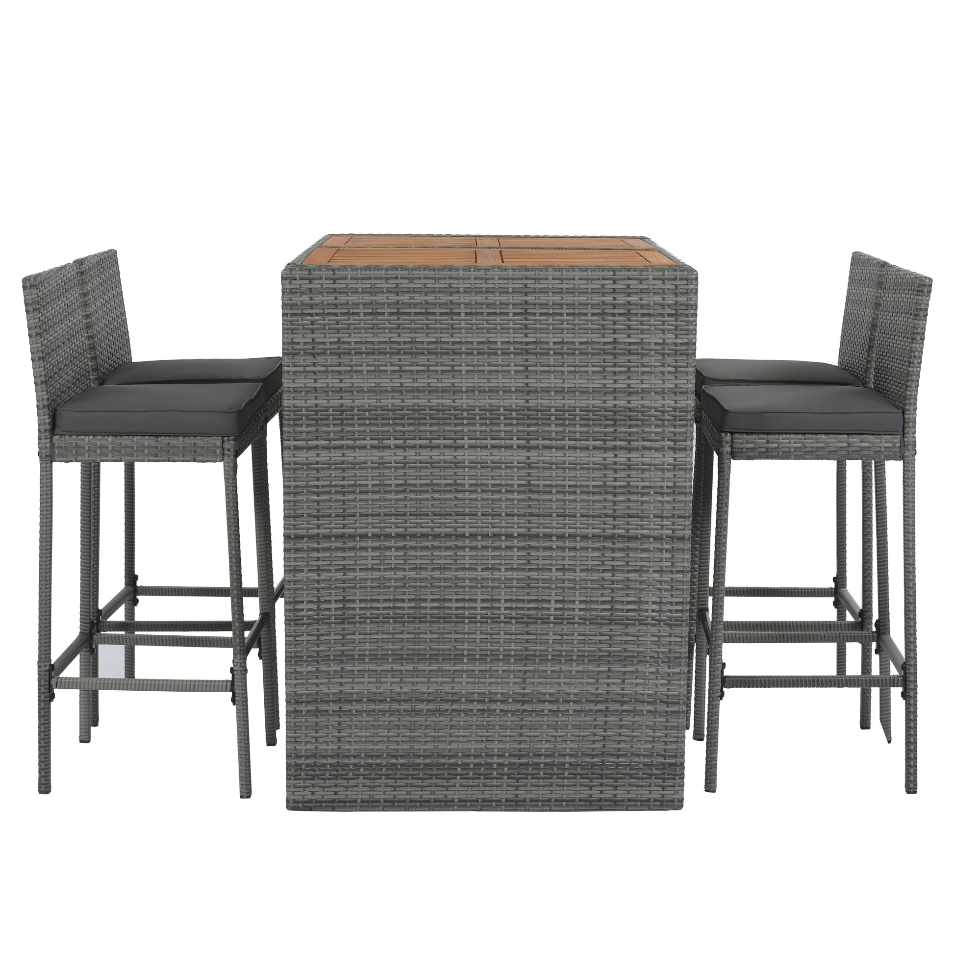 5 Pieces Outdoor Patio Wicker Bar Set, Bar Height Chairs With Non Slip Feet And Fixed Rope, Removable Cushion, Acacia Wood Table Top, Brown Wood And Gray Wicker Yes Gray Wicker