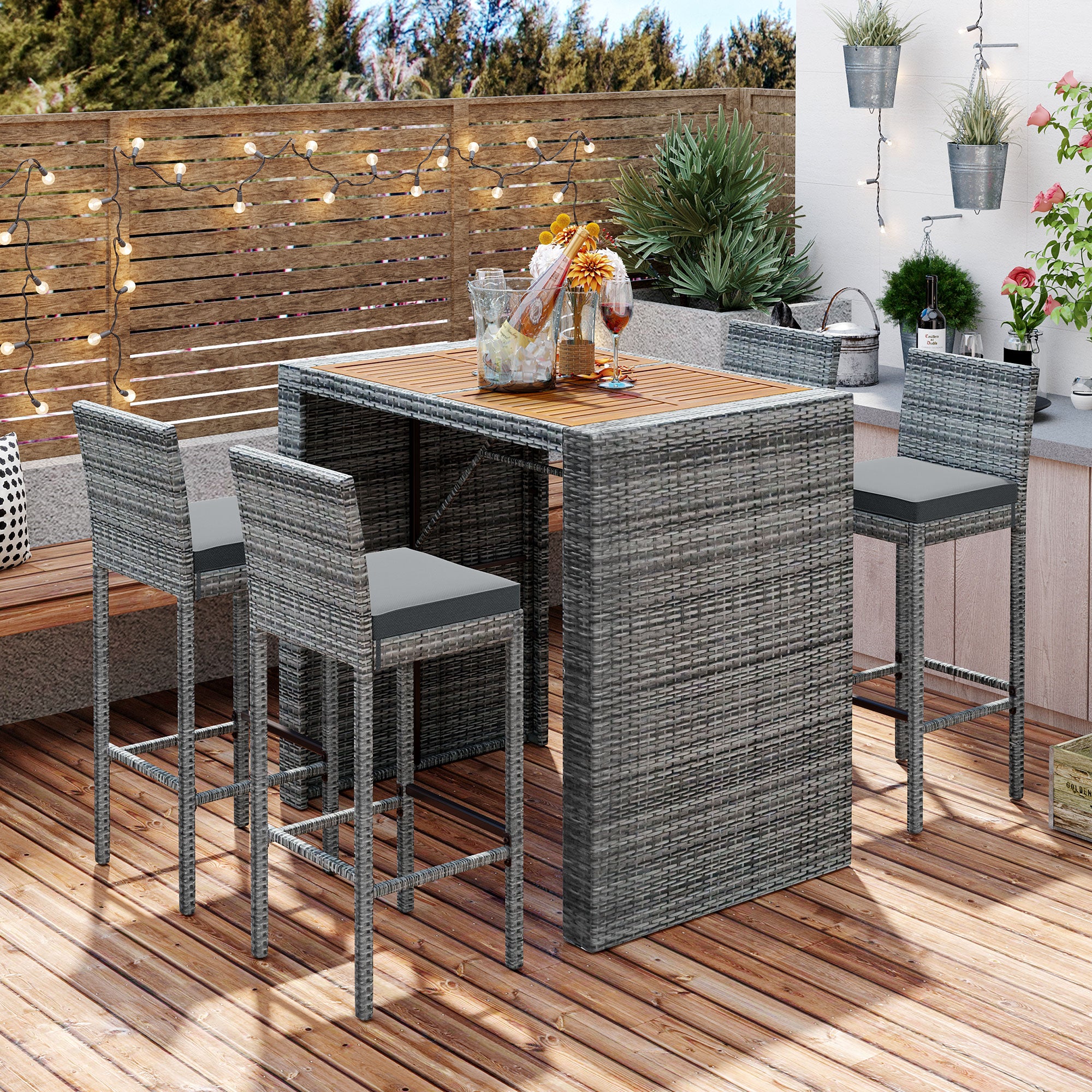 5 Pieces Outdoor Patio Wicker Bar Set, Bar Height Chairs With Non Slip Feet And Fixed Rope, Removable Cushion, Acacia Wood Table Top, Brown Wood And Gray Wicker Yes Gray Wicker