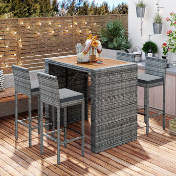 5 Pieces Outdoor Patio Wicker Bar Set, Bar Height Chairs With Non Slip Feet And Fixed Rope, Removable Cushion, Acacia Wood Table Top, Brown Wood And Gray Wicker Yes Gray Wicker