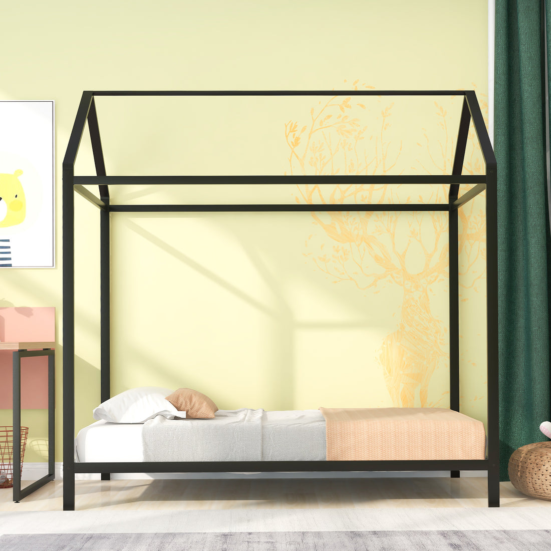 House Bed Frame Twin Sizekids Bed Frame Metal Platform Bed Floor Bed For Kids Boys Girls No Box Spring Needed Black Black Metal