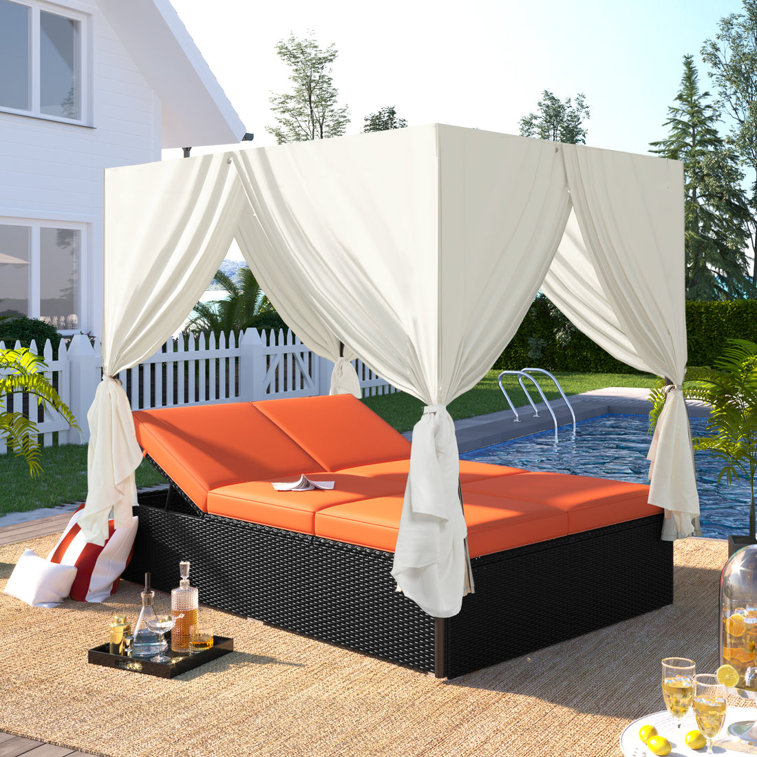 Outdoor Patio Wicker Sunbed Daybed With Cushions, Adjustable Seats Orange Rattan