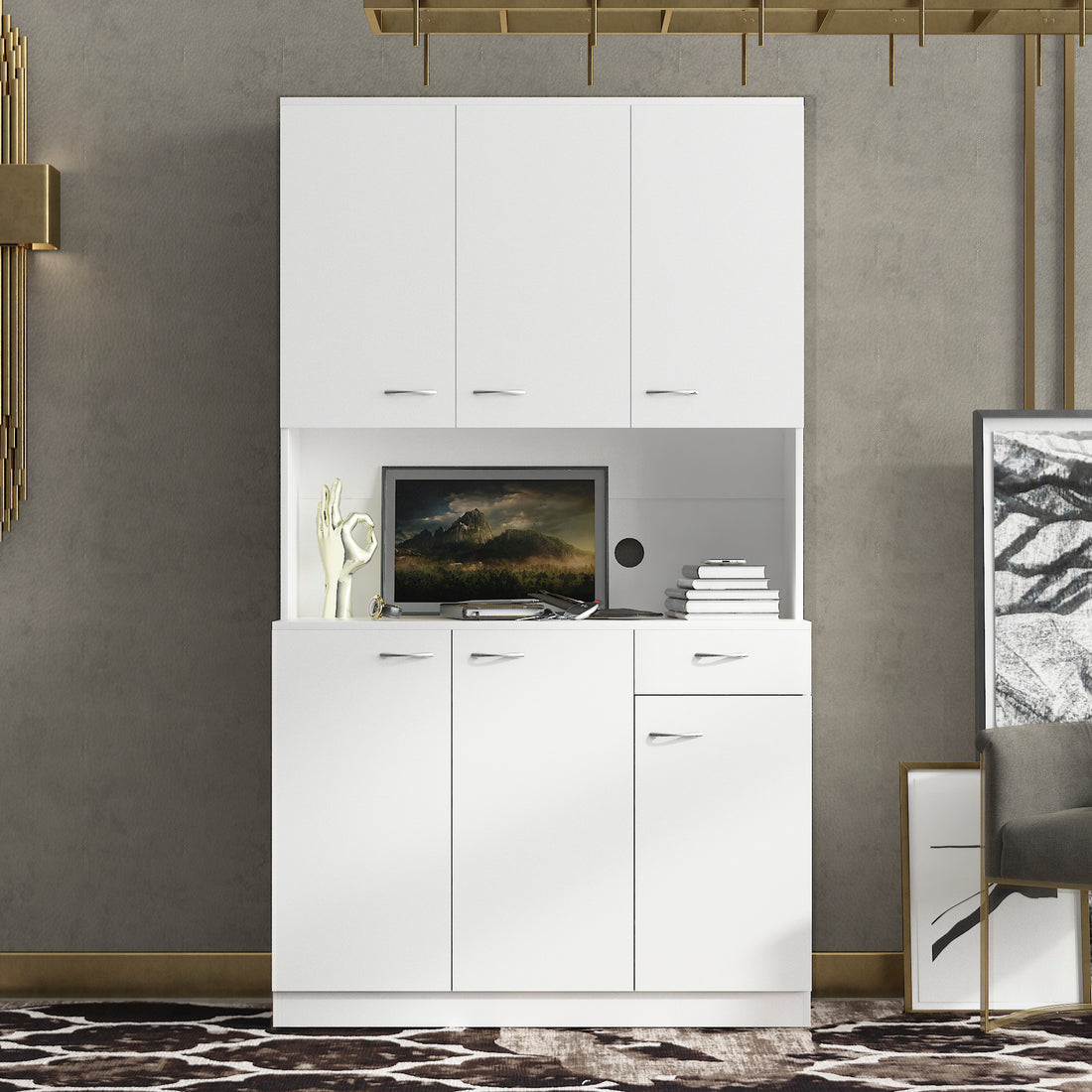 70.87" Tall Wardrobe& Kitchen Cabinet, With 6 Doors, 1 Open Shelves And 1 Drawer For Bedroom,White White Mdf