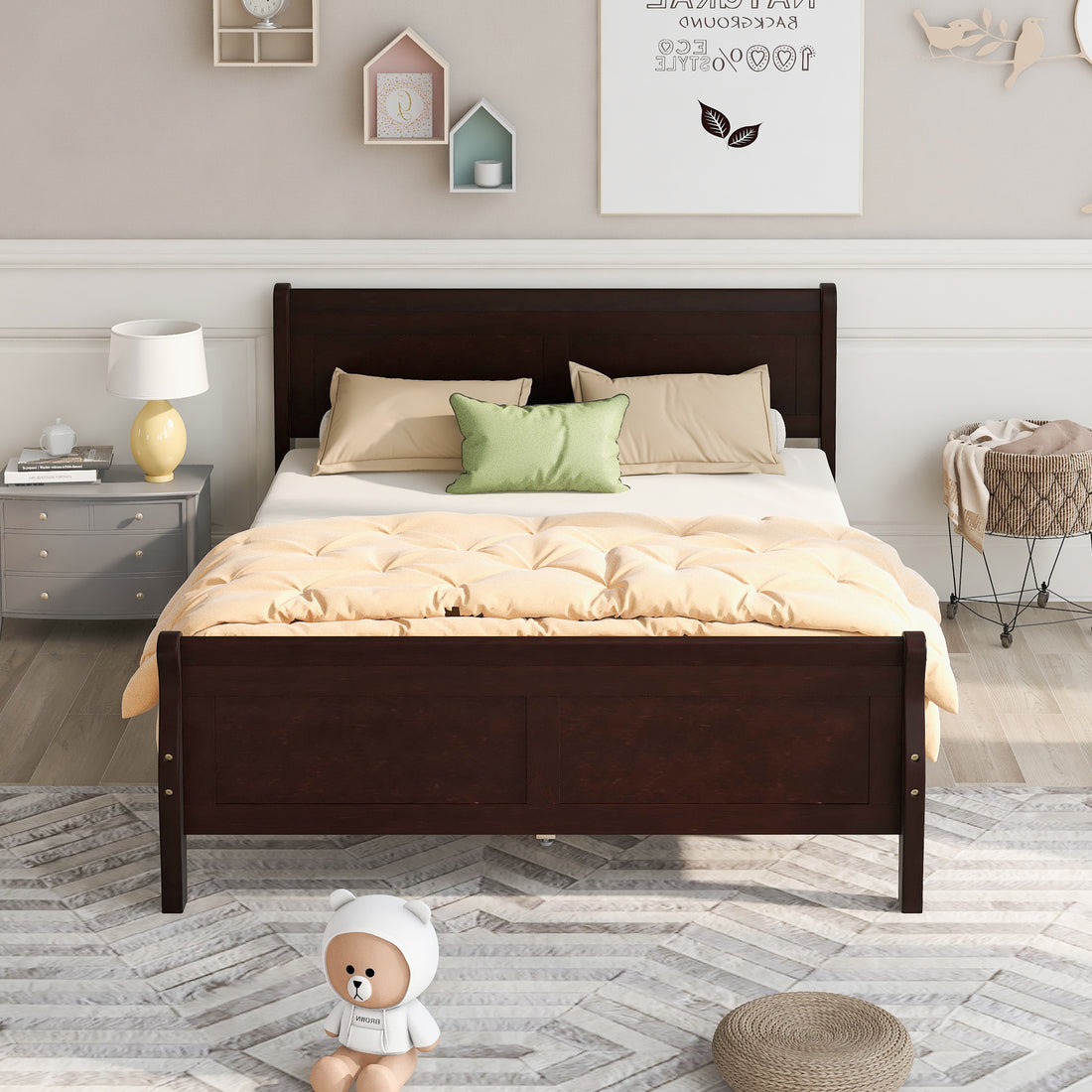 Queen Size Wood Platform Bed With Headboard And Wooden Slat Support Espresso Espresso Solid Wood