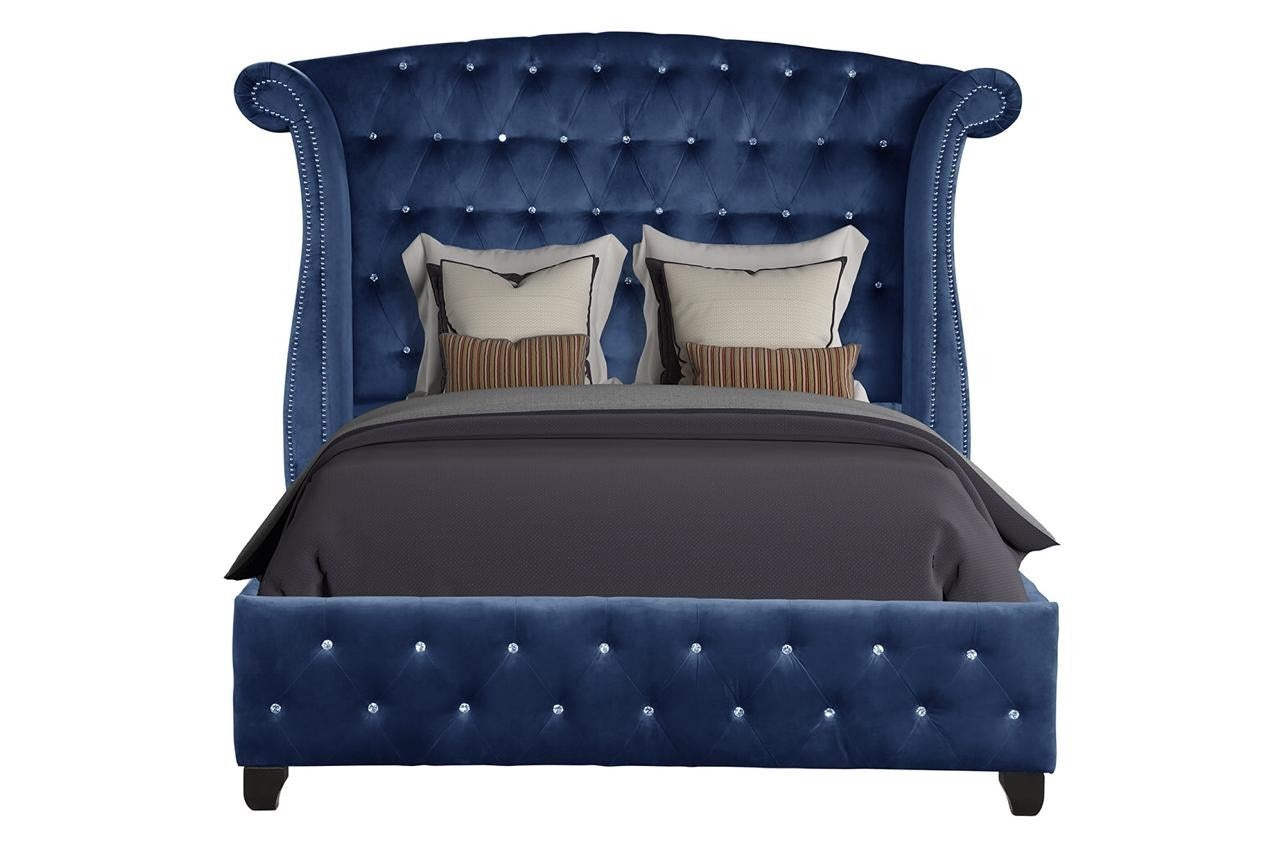 Sophia Modern Style Crystal Tufted Queen Velvet Fabric Upholstery Bed Made With Wood In Blue Box Spring Not Required Queen Blue Wood Bedroom Contemporary,Modern Acacia Slat Beds Upholstered Velvet Wood