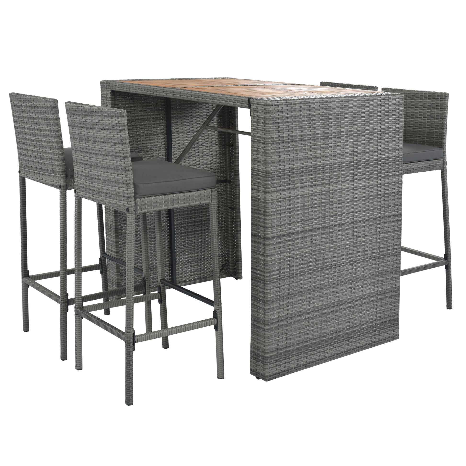 5 Pieces Outdoor Patio Wicker Bar Set, Bar Height Chairs With Non Slip Feet And Fixed Rope, Removable Cushion, Acacia Wood Table Top, Brown Wood And Gray Wicker Yes Gray Wicker