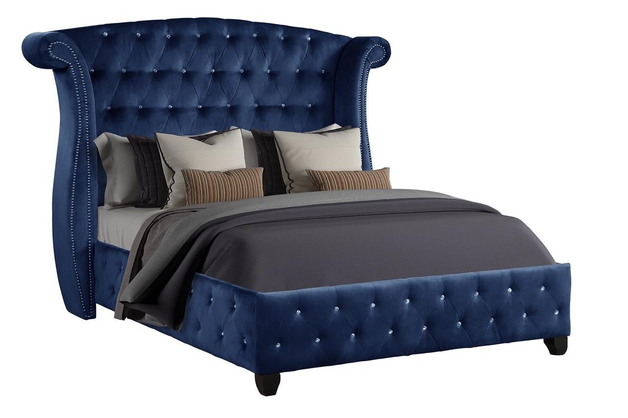 Sophia Modern Style Crystal Tufted Queen Velvet Fabric Upholstery Bed Made With Wood In Blue Box Spring Not Required Queen Blue Wood Bedroom Contemporary,Modern Acacia Slat Beds Upholstered Velvet Wood