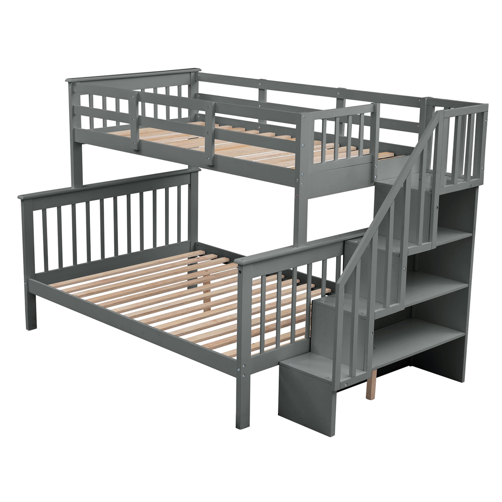 Stairway Twin Over Full Bunk Bed With Storage And Guard Rail For Bedroom, Gray Color Old Sku :Lp000019Aae Gray Solid Wood