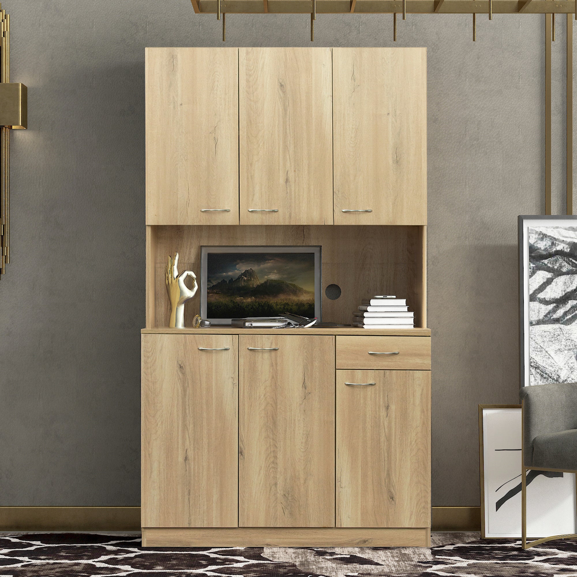 70.87" Tall Wardrobe& Kitchen Cabinet, With 6 Doors, 1 Open Shelves And 1 Drawer For Bedroom,Rustic Oak Oak Mdf